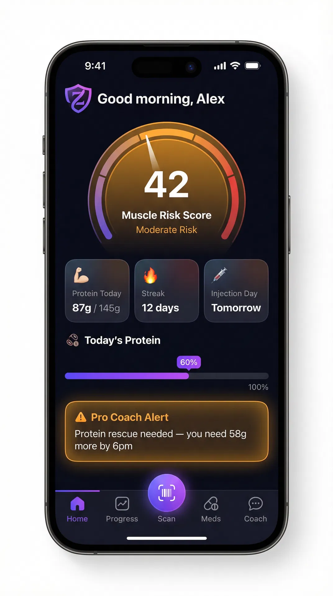 Zova app showing Muscle Risk Score and protein tracking