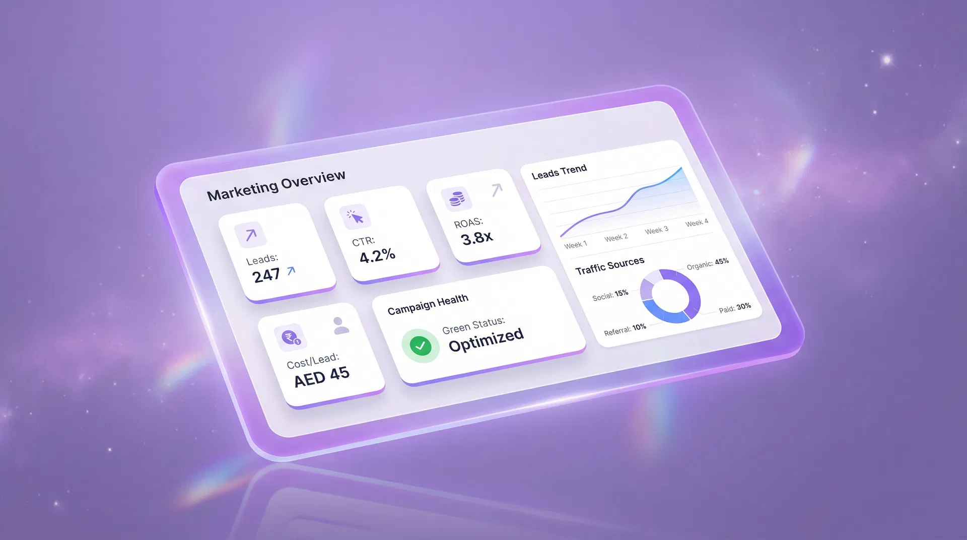 Marketing dashboard showing leads, CTR, ROAS, and campaign health
