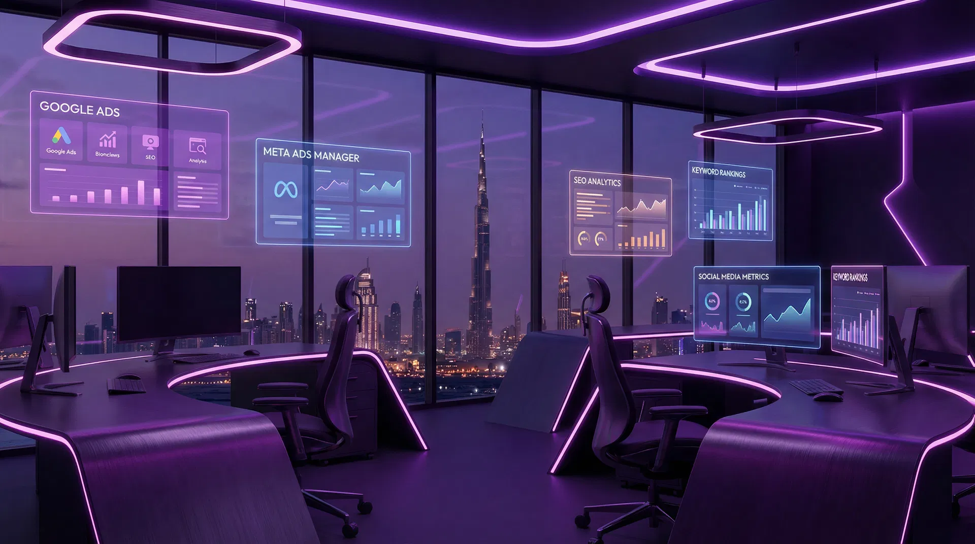 Digital marketing services workspace with analytics and campaign tools