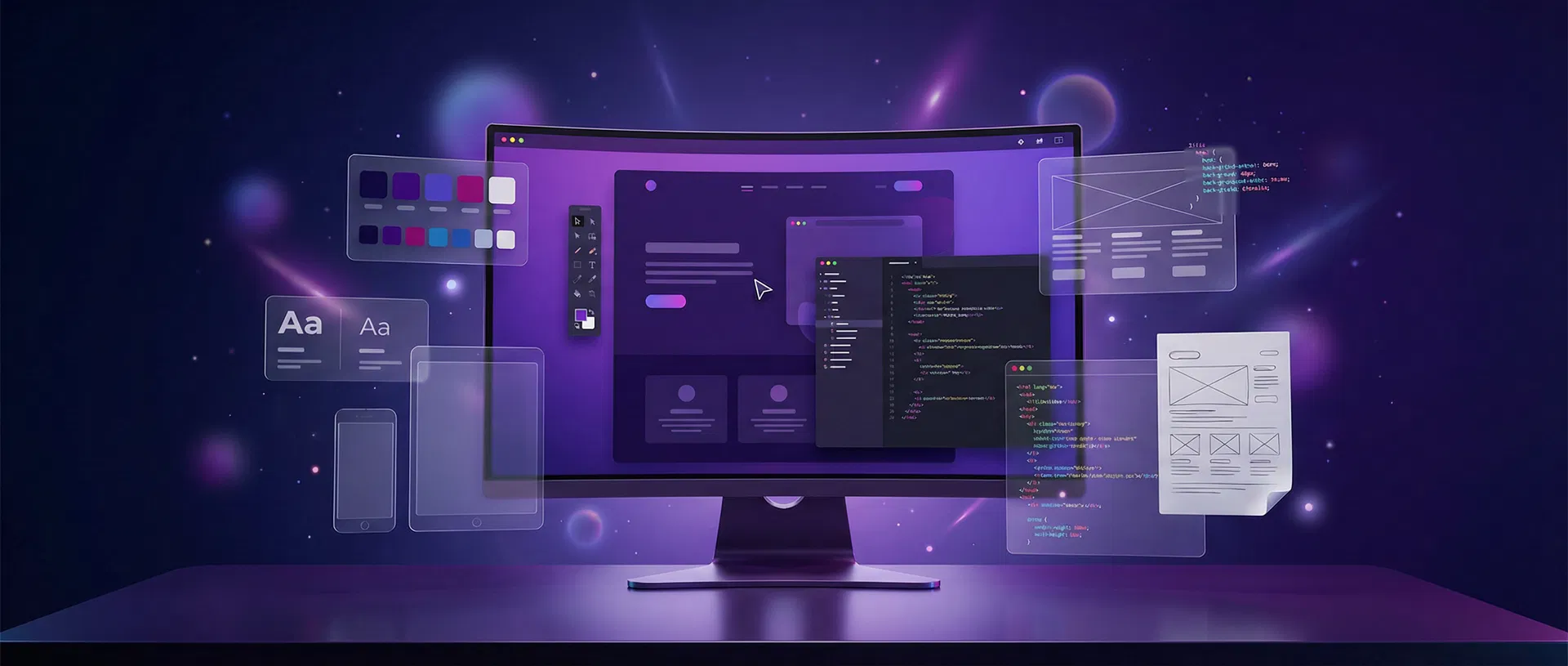 Web design and development workspace with code editor, design tools, and responsive device frames
