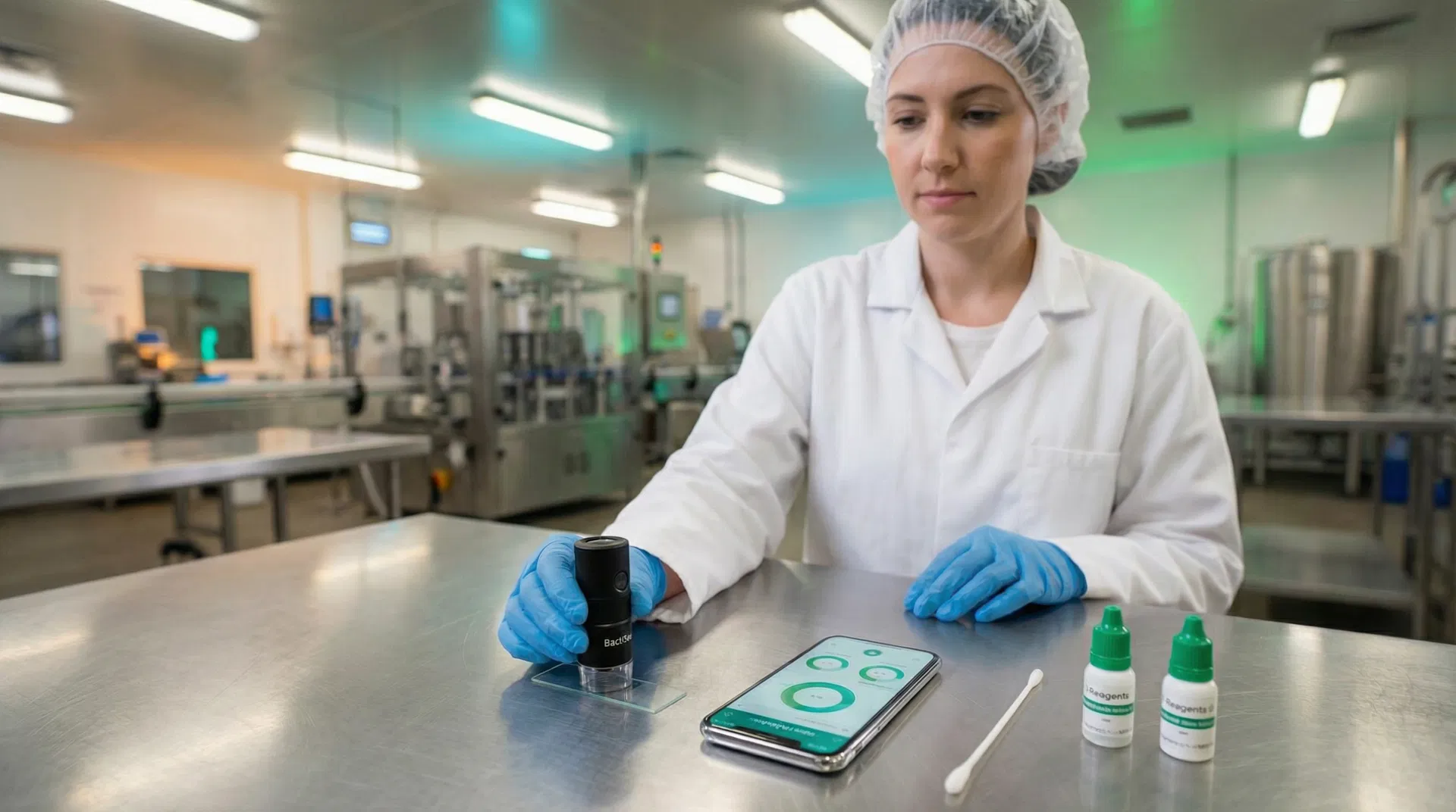 Food safety professional using BactiSee in a processing facility