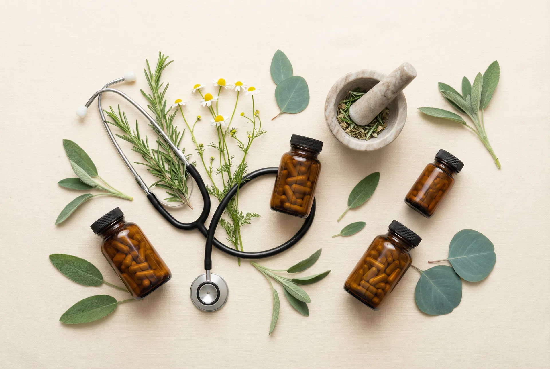 Medicina Integrativa — estetoscópio, ervas e suplementos