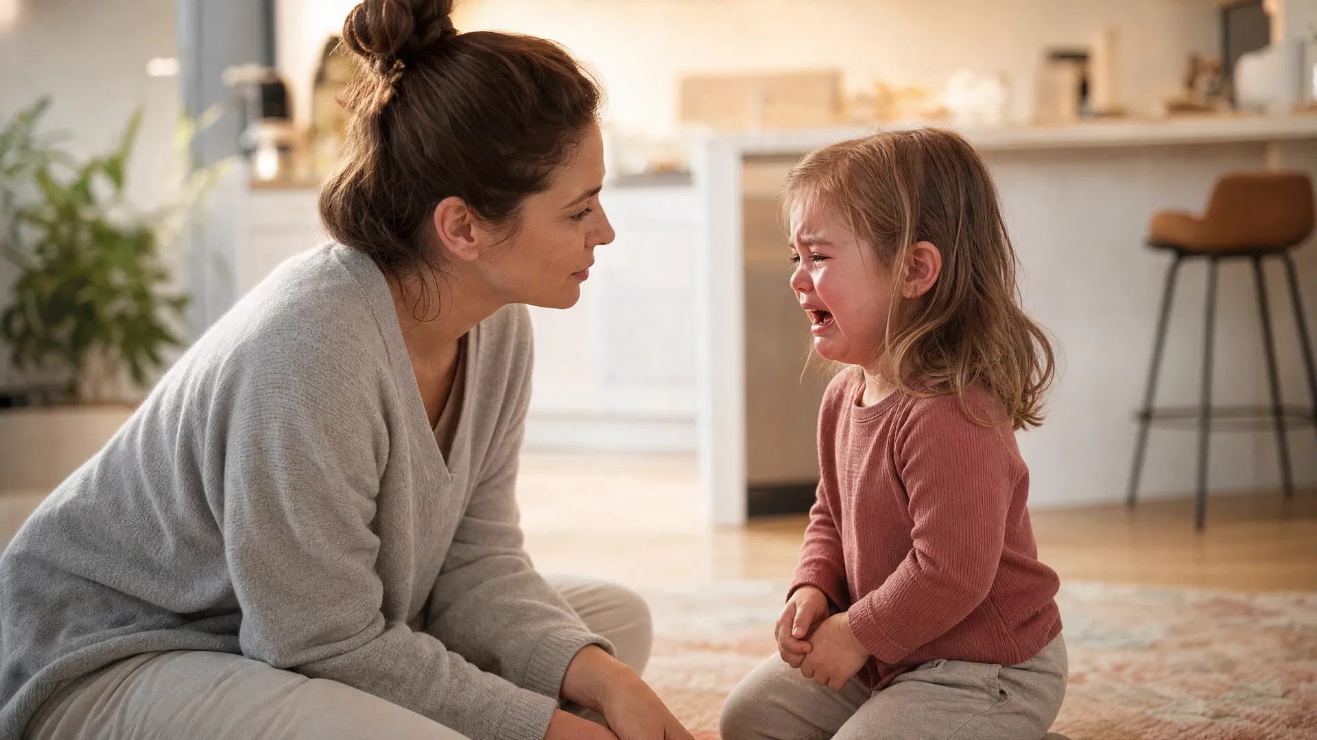 Mother calmly connecting with toddler during meltdown