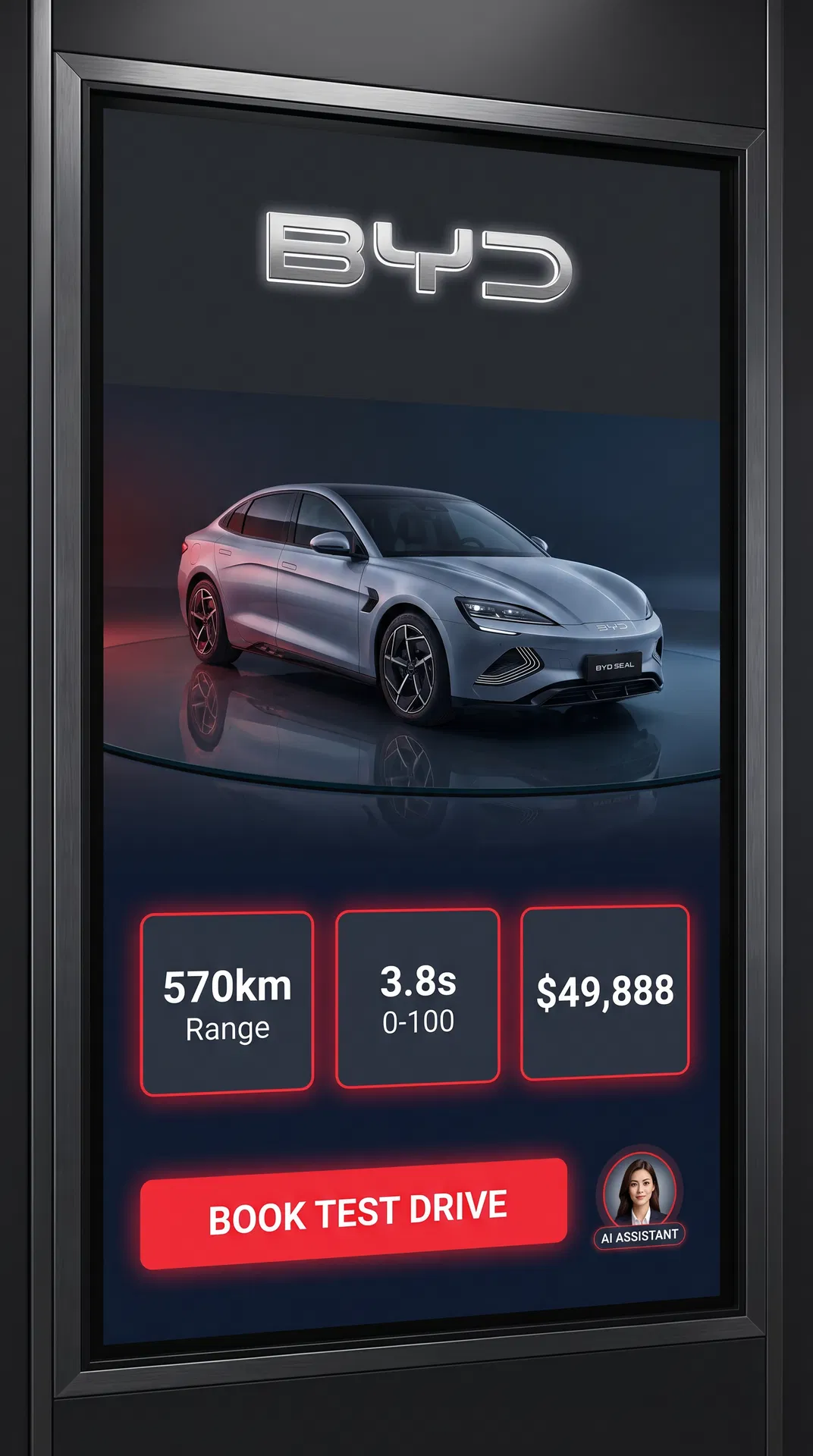 BYD Kiosk Screen — Car configurator with specs and booking