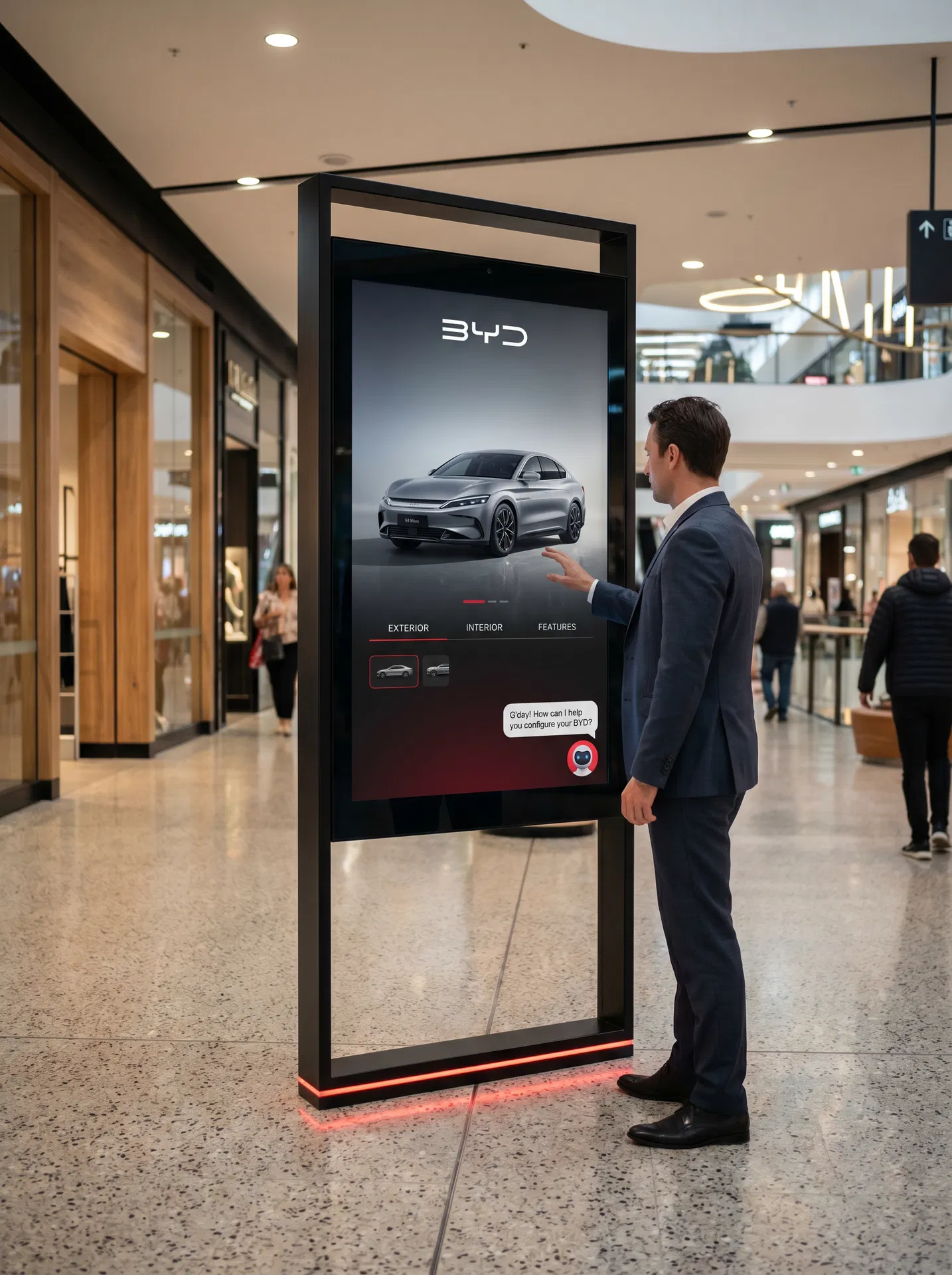 BYD Digital Kiosk in Shopping Centre — Customer interacting with car configurator