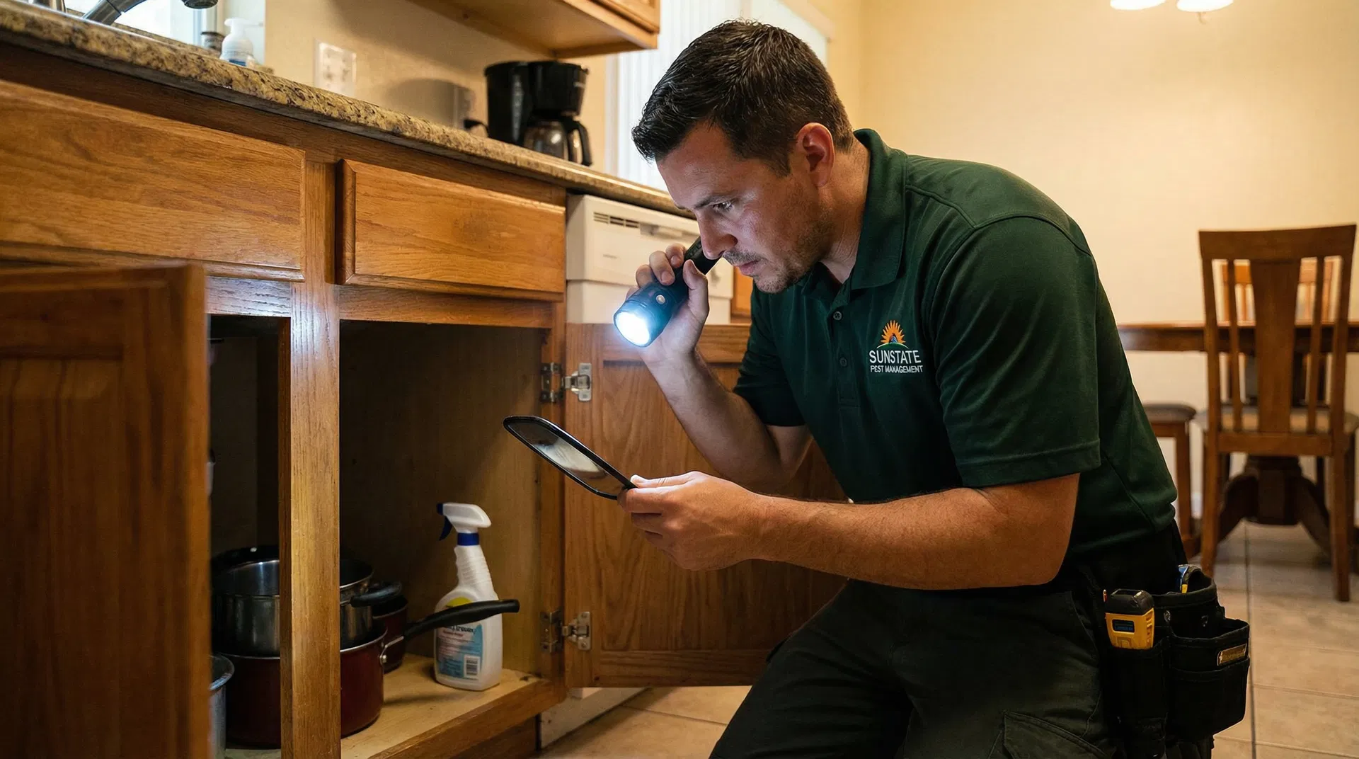 Pest control technician inspecting kitchen cabinet with flashlight