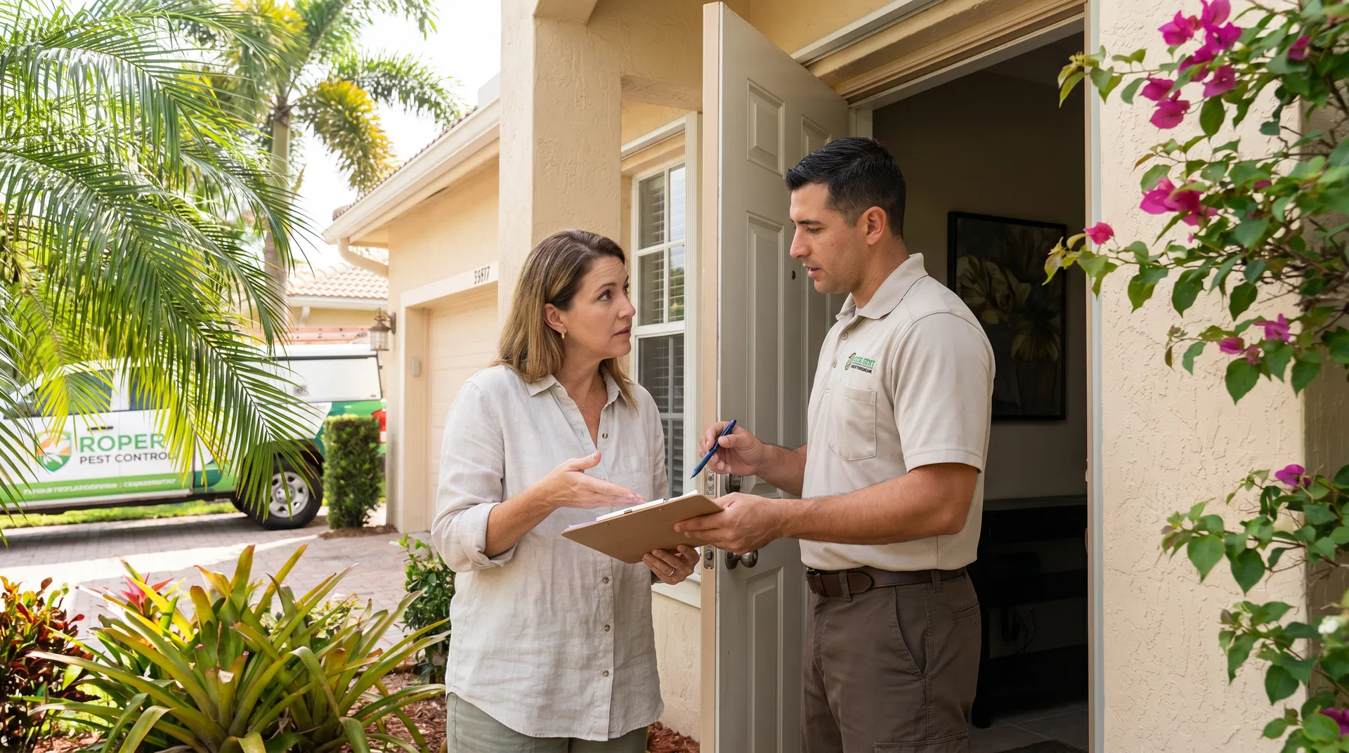 Pest control technician explaining service coverage to a homeowner at the front door of a South Florida home