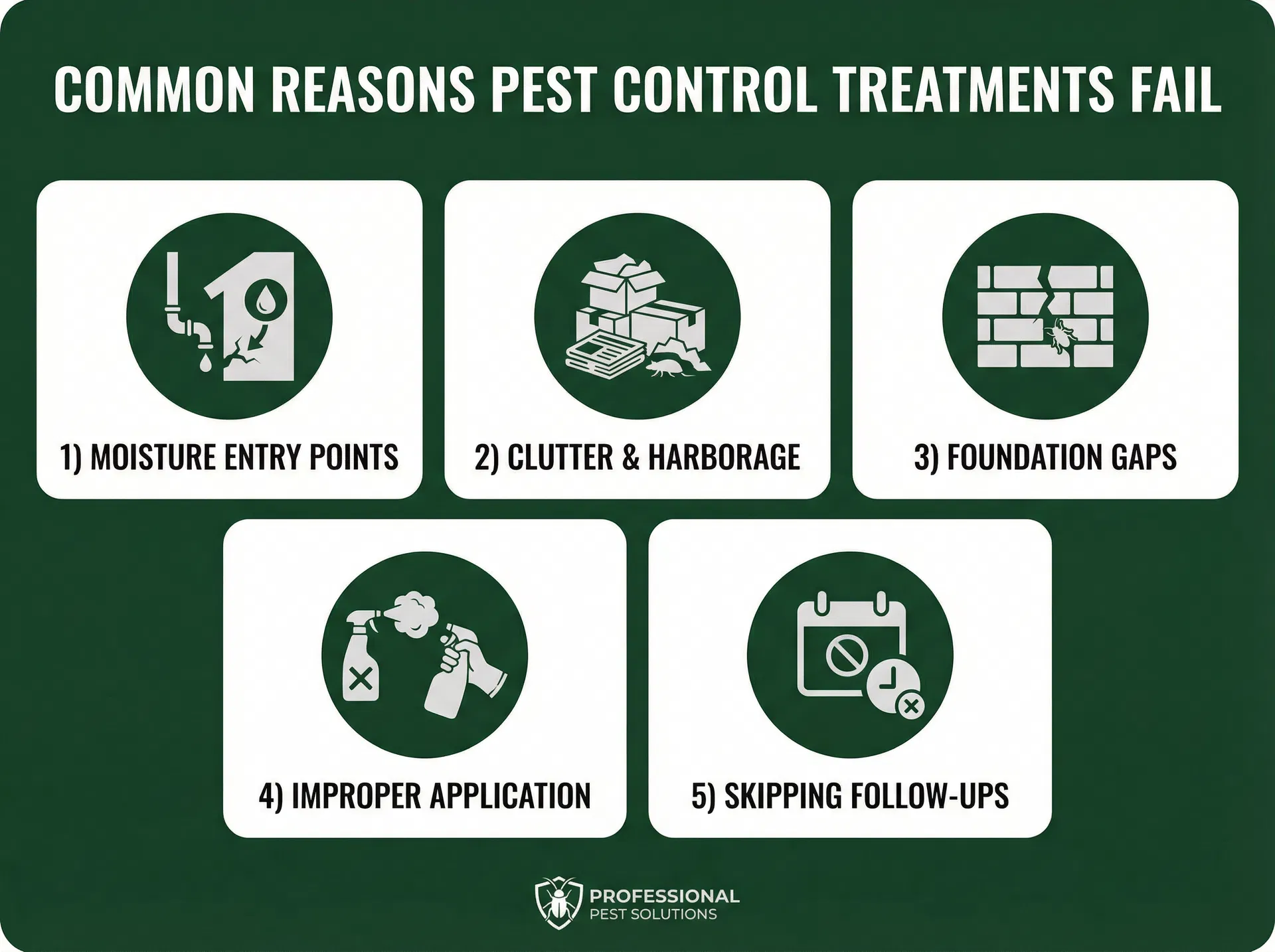 Infographic: 5 common reasons pest control treatments fail — moisture entry points, clutter and harborage, foundation gaps, improper application, skipping follow-ups