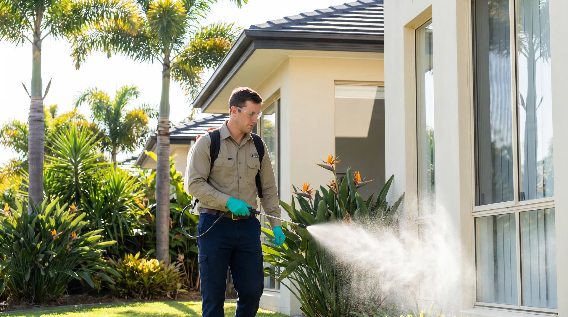 Professional pest control technician spraying treatment along the exterior of a South Florida home