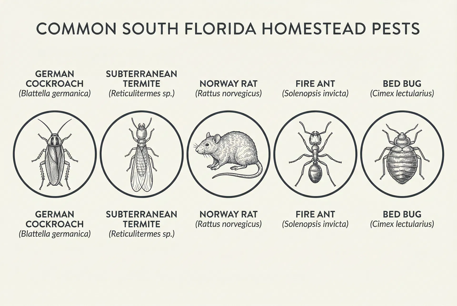 Common South Florida Homestead pests: German cockroach, subterranean termite, Norway rat, fire ant, and bed bug illustrated