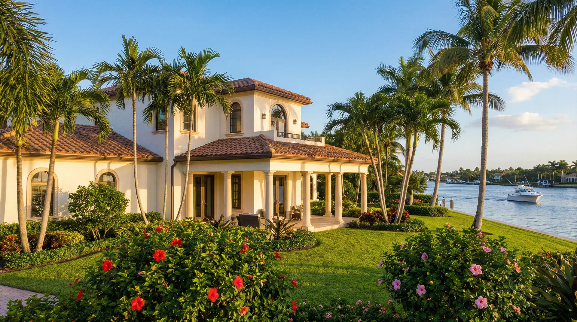 Luxury waterfront home in Boca Raton with palm trees and Intracoastal Waterway view