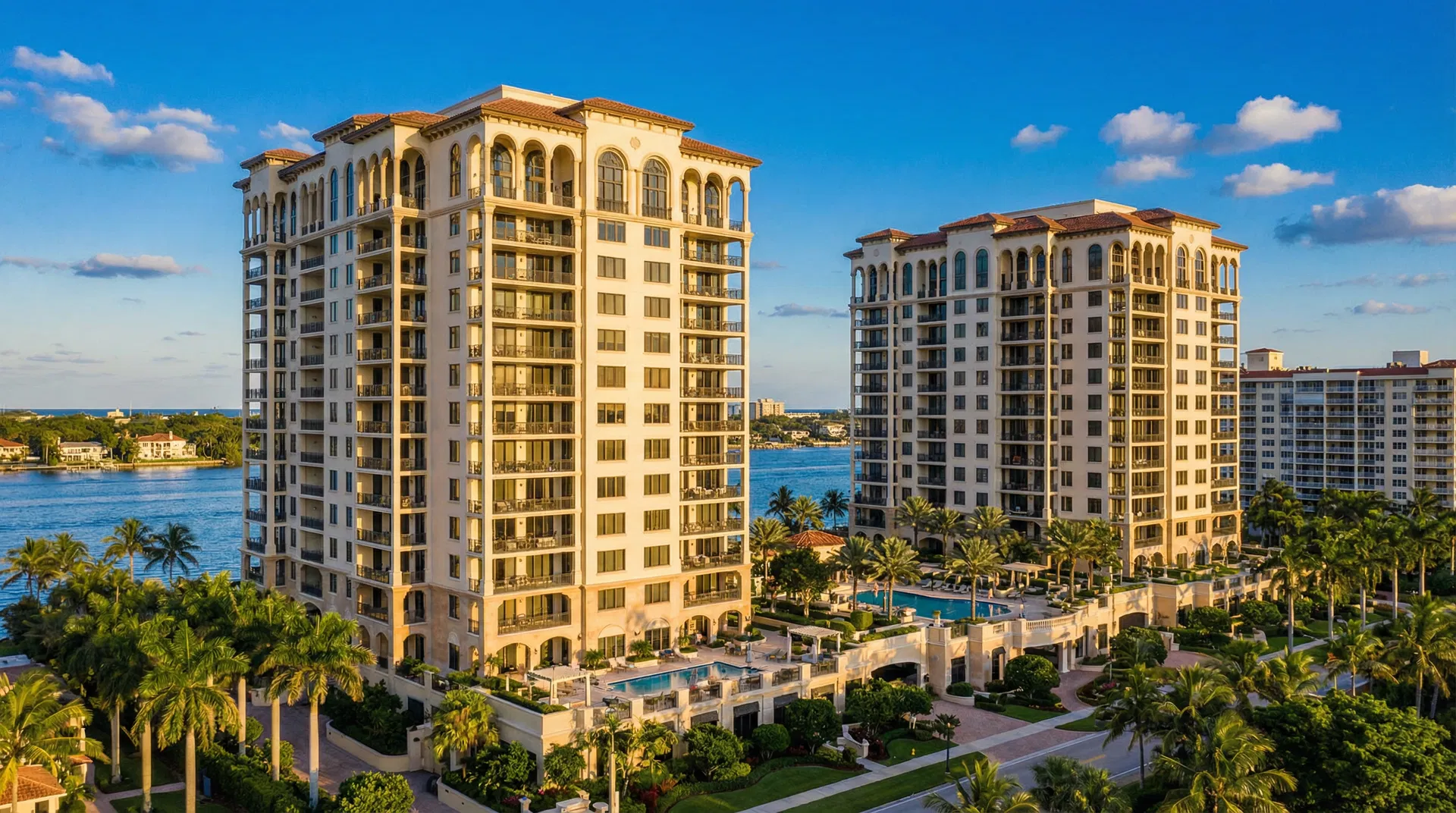Luxury Mediterranean-style condominium towers along the Boca Raton Intracoastal Waterway with palm trees and resort pool