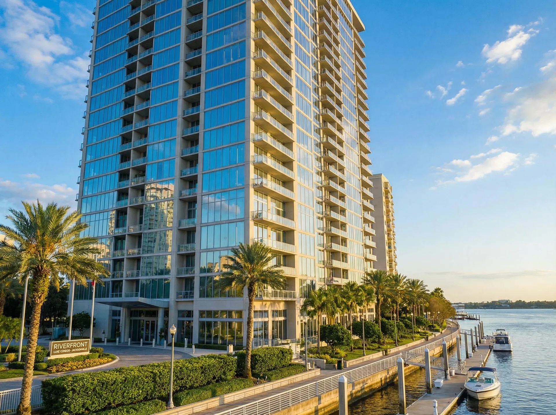 Modern luxury condominium building along the St. Johns River waterfront in Jacksonville FL