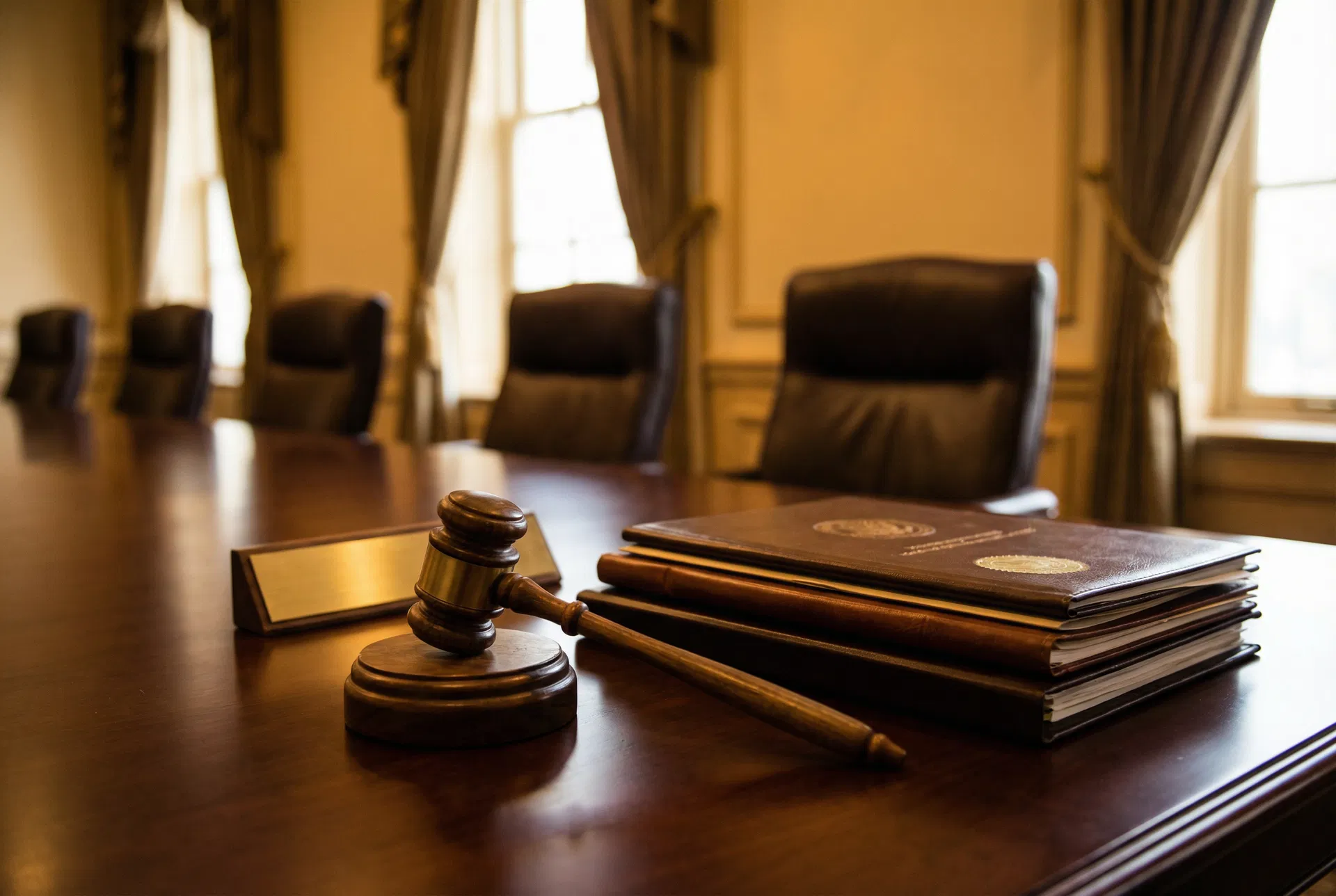 Boardroom with gavel and legal documents
