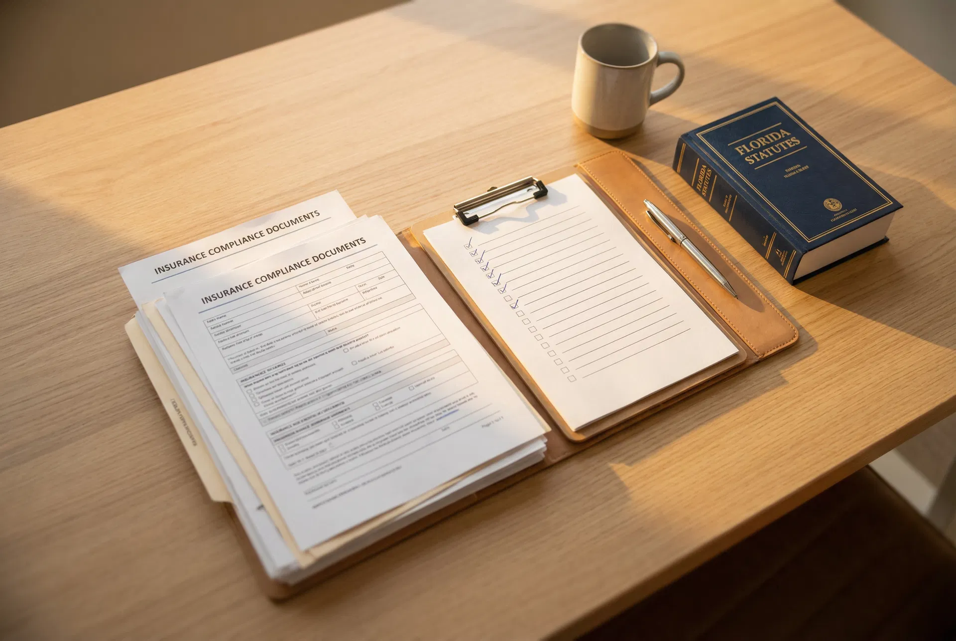 Insurance compliance documents and checklist on desk