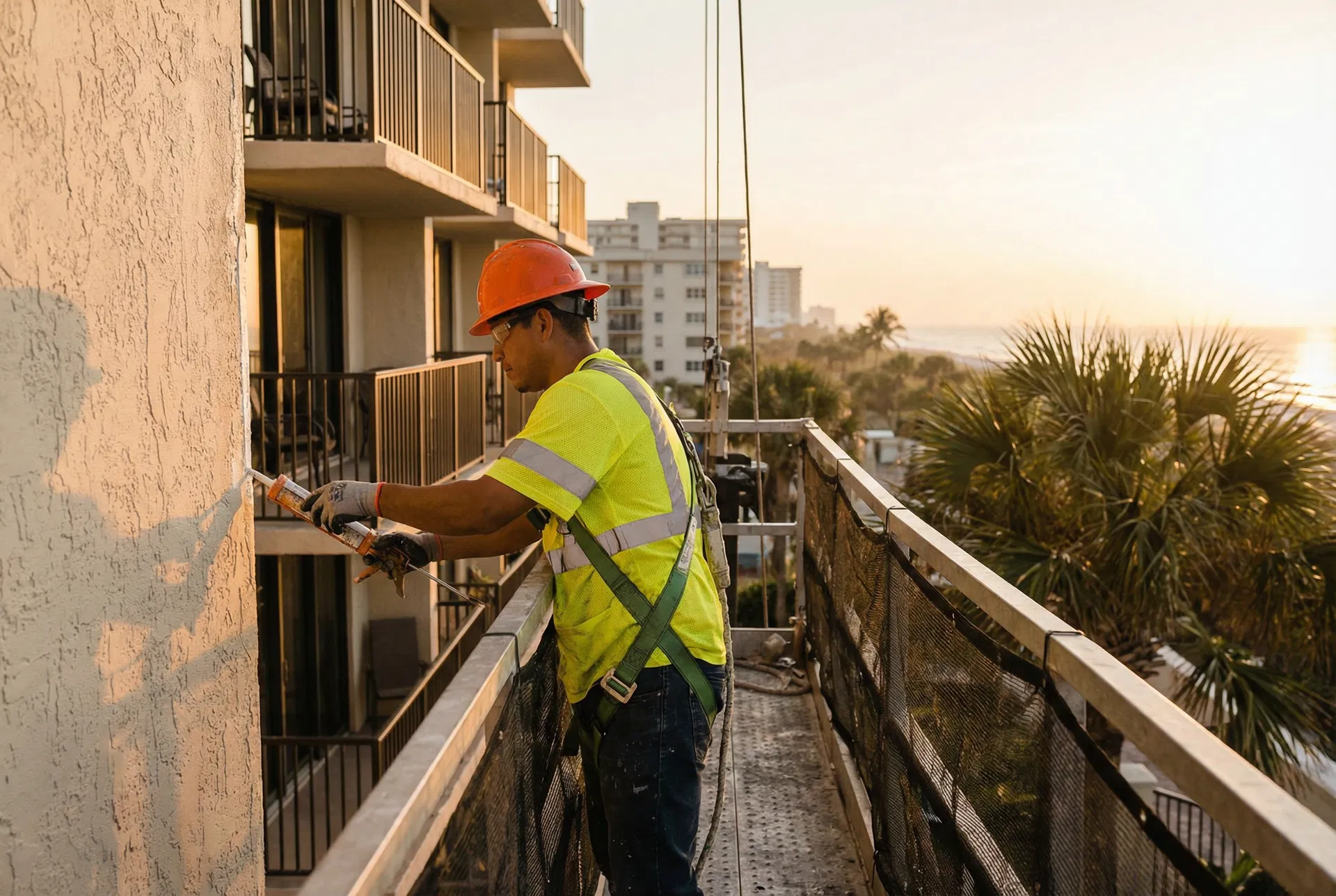 Construction worker performing maintenance on condo building