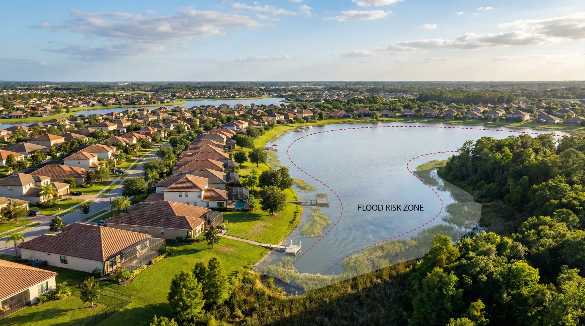 Aerial view of Central Florida suburban neighborhood showing flood risk zones near lakes