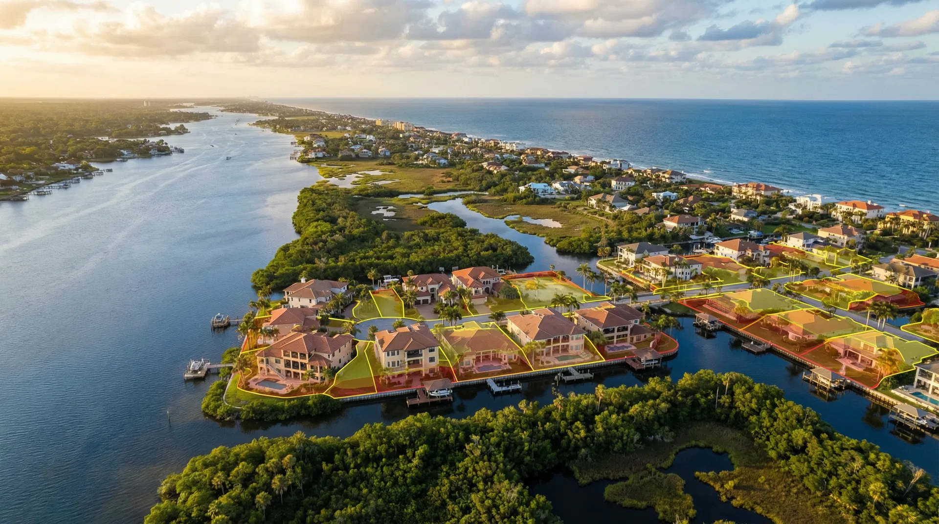Aerial view of Northeast Florida coastal neighborhood showing flood risk zones near waterways