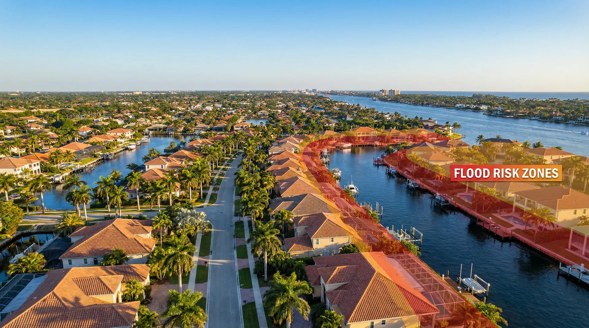 Aerial view of South Florida coastal neighborhood showing flood risk zones near the Intracoastal Waterway