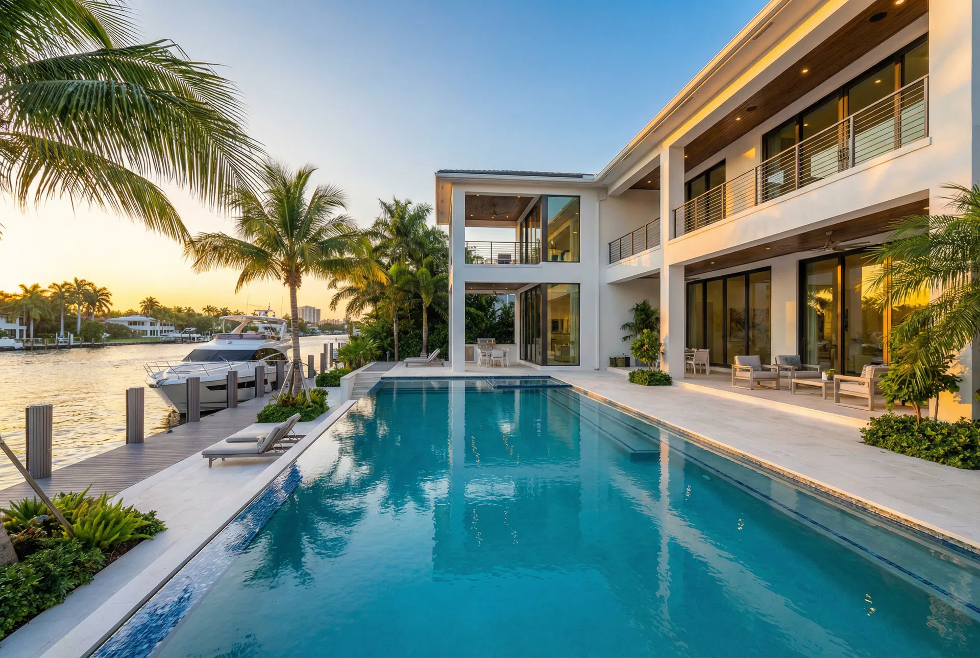 Modern luxury waterfront home in Fort Lauderdale with pool and boat dock on canal