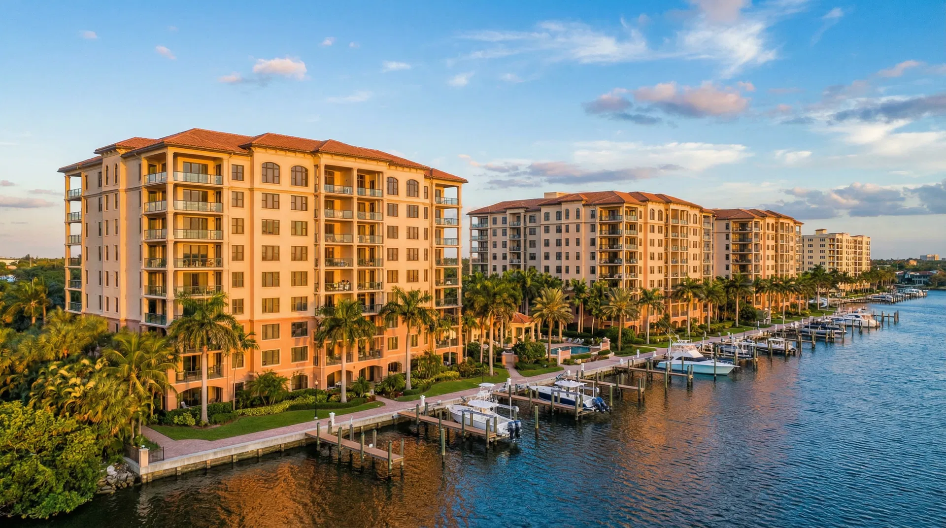 Luxury waterfront condominium towers along the Jupiter Intracoastal Waterway with boat docks and palm trees