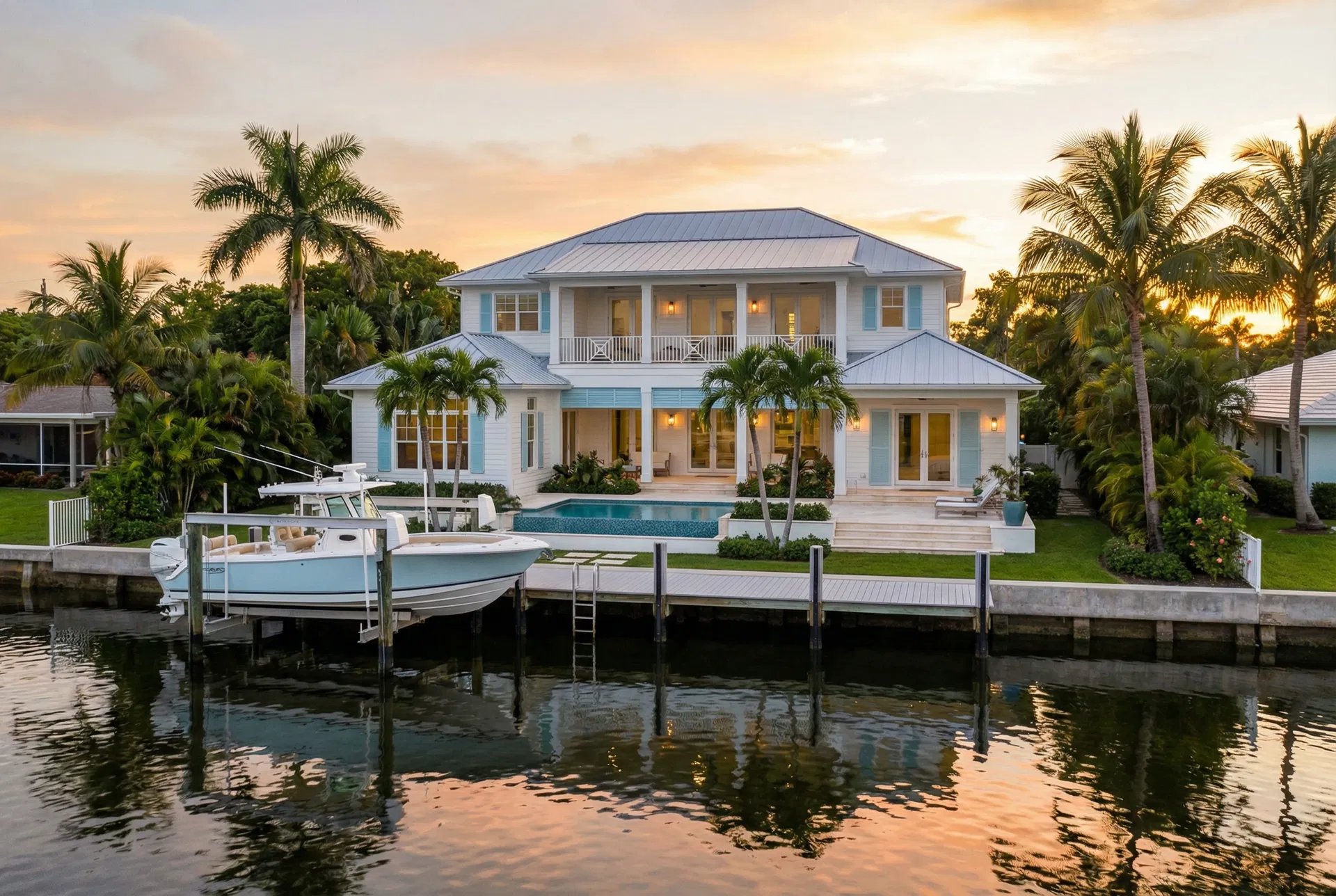 Coastal waterfront home in Jupiter on the Intracoastal Waterway with boat dock