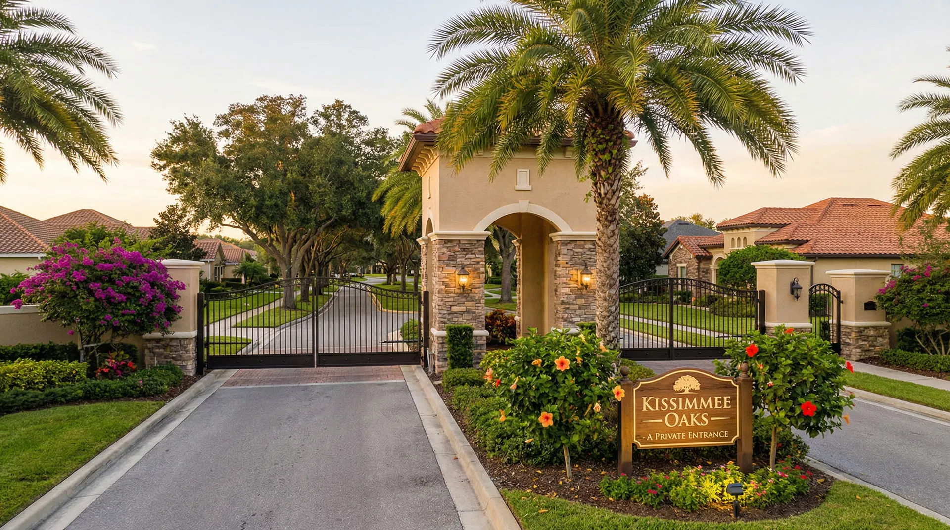 Gated HOA community entrance in Kissimmee with manicured landscaping