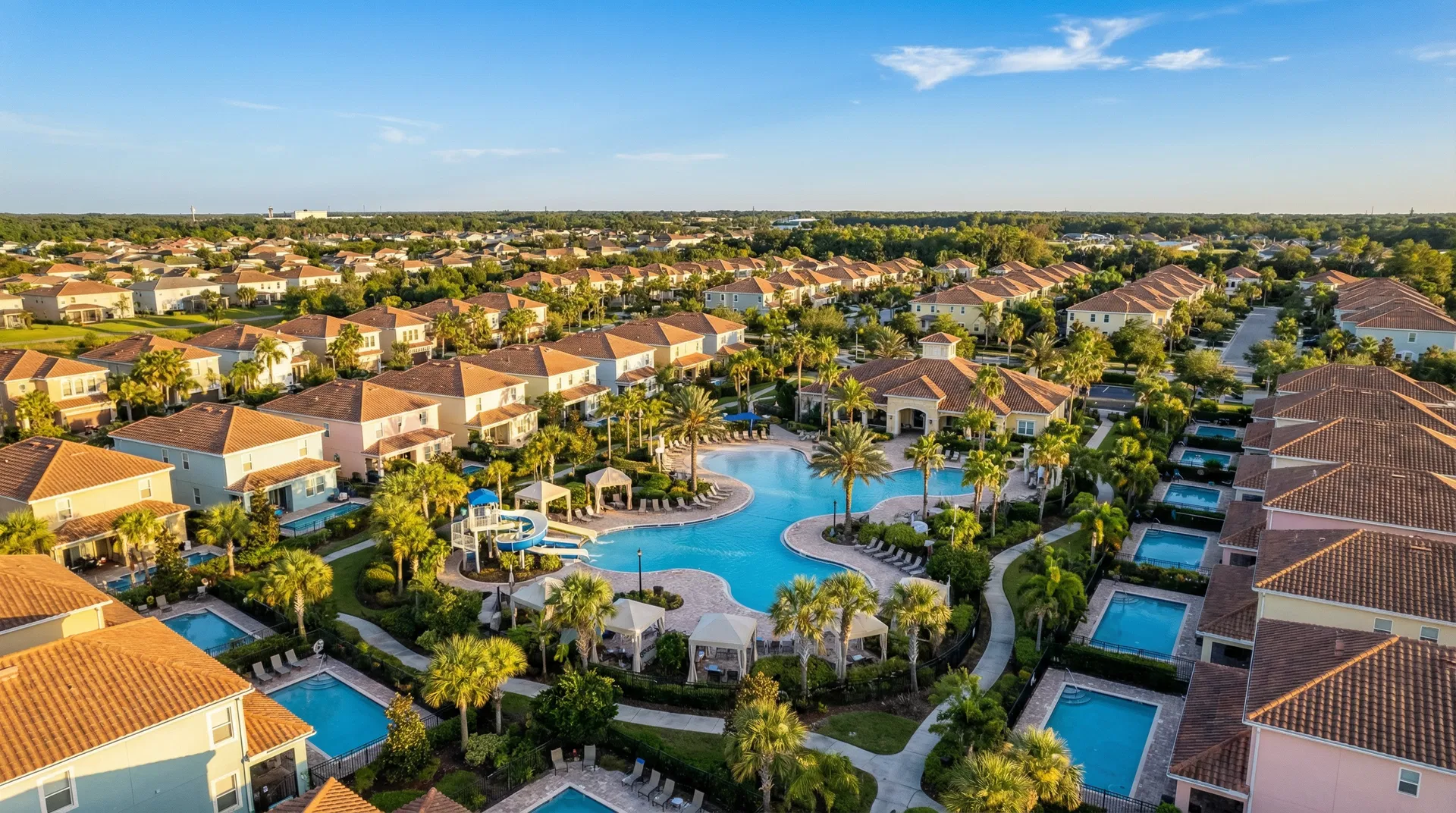 Aerial view of a Kissimmee vacation rental community with private pools and resort amenities