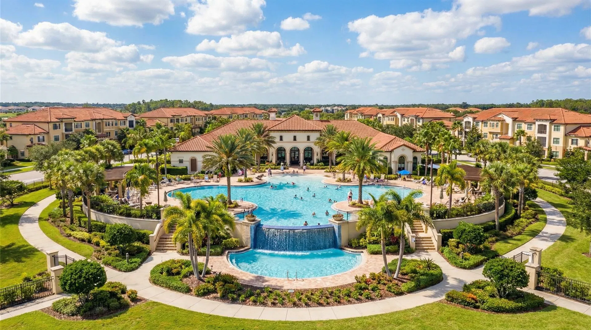 Resort-style HOA community in Lake Nona with pool, clubhouse, and Mediterranean-style townhomes