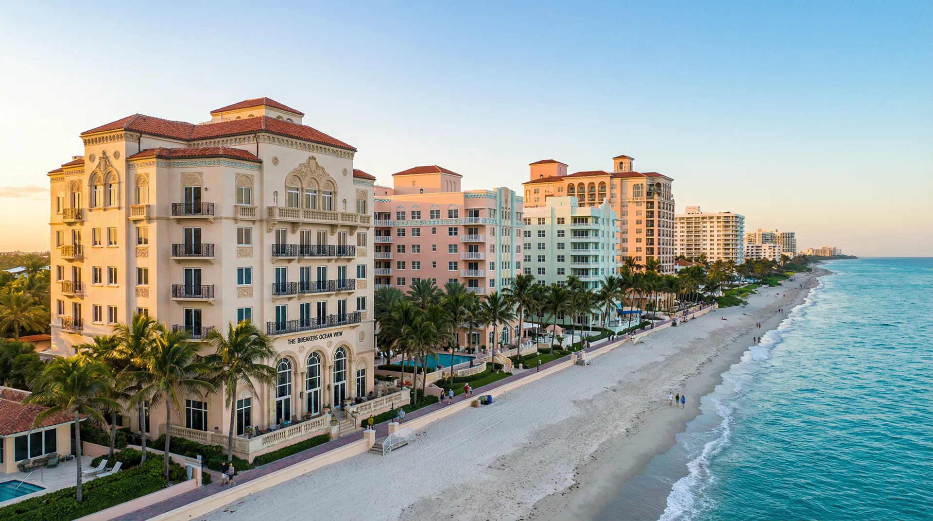 Elegant oceanfront condominium buildings along the Palm Beach Atlantic beachfront with Mediterranean architecture and turquoise water