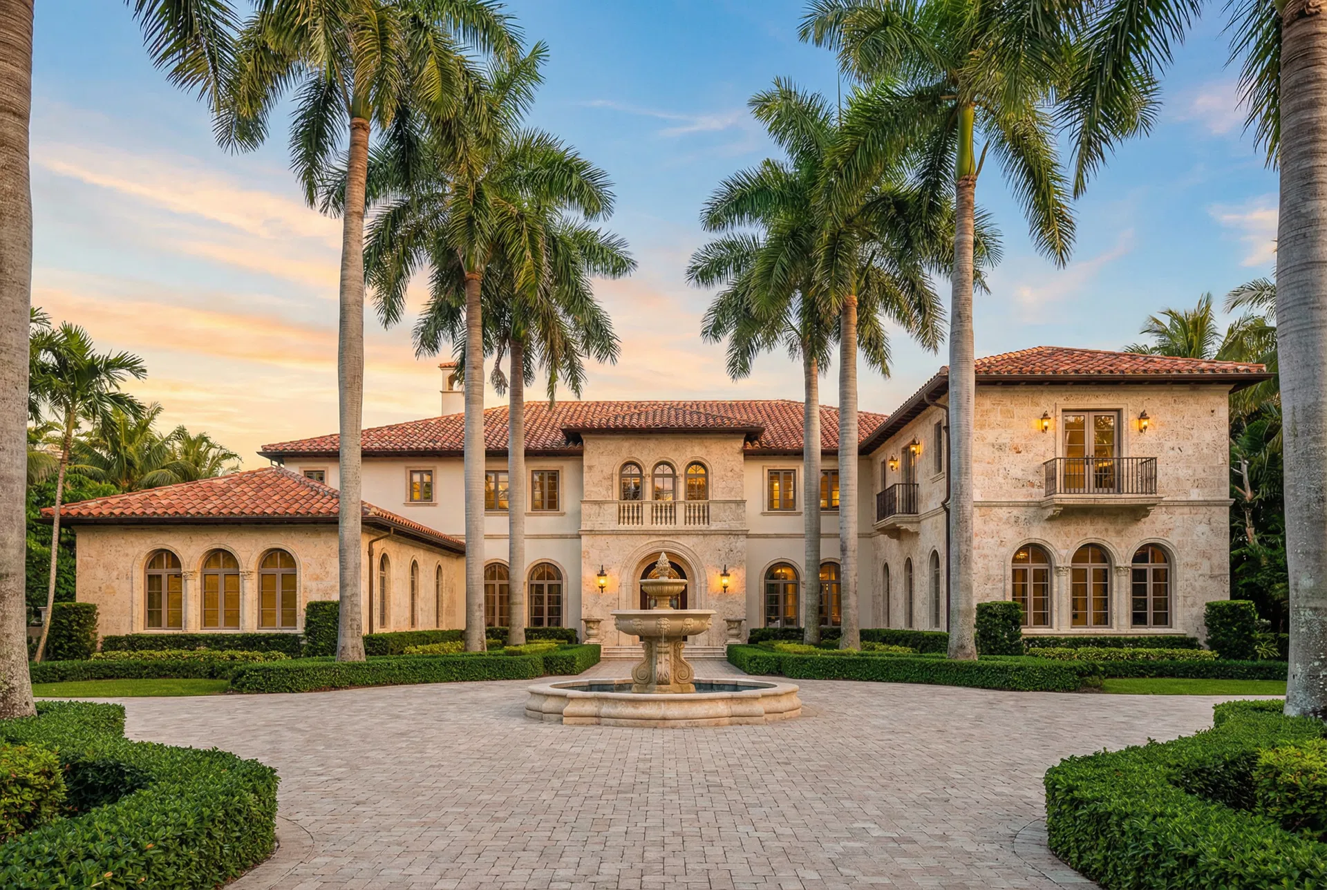 Grand Mediterranean Revival estate in Palm Beach with royal palm trees and fountain
