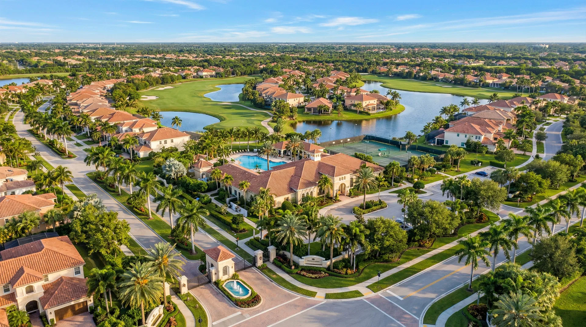 Aerial view of a luxury gated community in Parkland Florida with golf course, clubhouse, pool, and tile-roofed homes