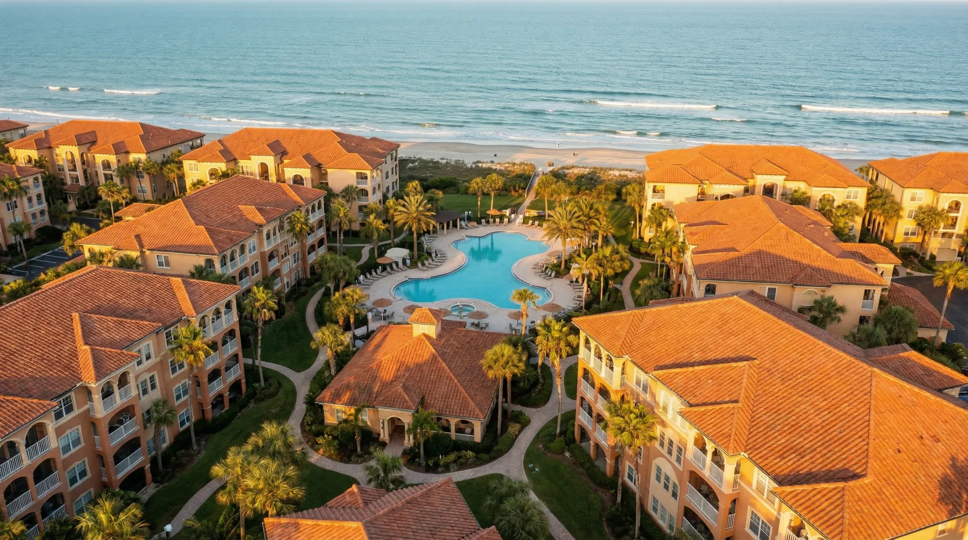 Aerial view of a coastal condominium community in St. Augustine, Florida with Spanish colonial architecture and ocean views