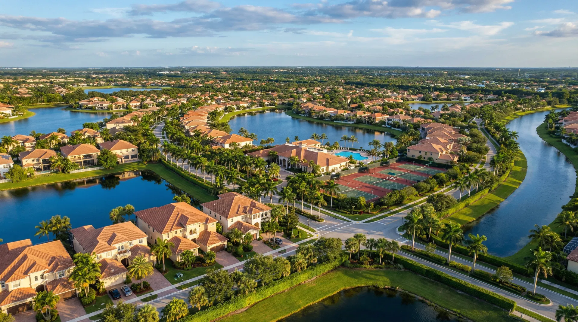 Aerial view of a luxury gated community in Weston Florida with lakes, canals, clubhouse, pool, and tennis courts