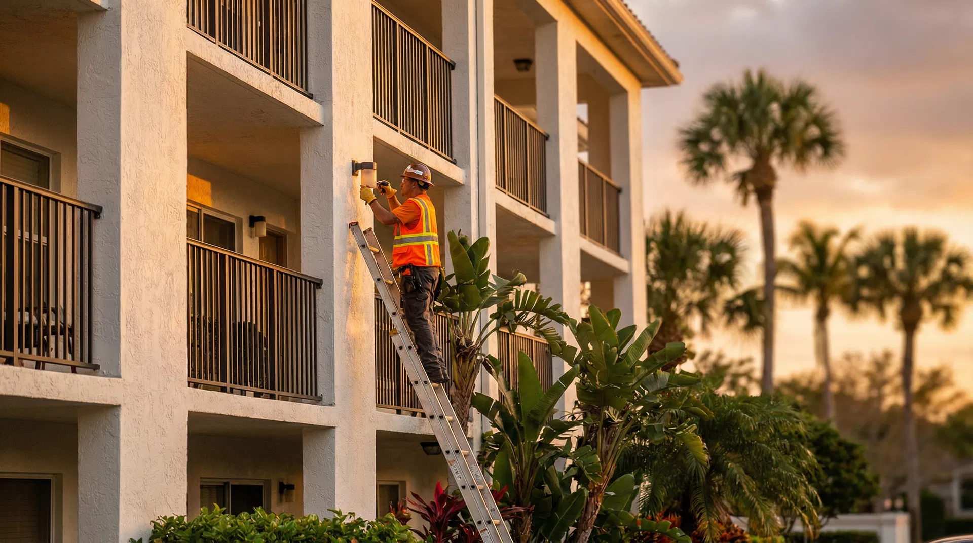 Maintenance worker performing repairs at a Florida condominium complex during golden hour