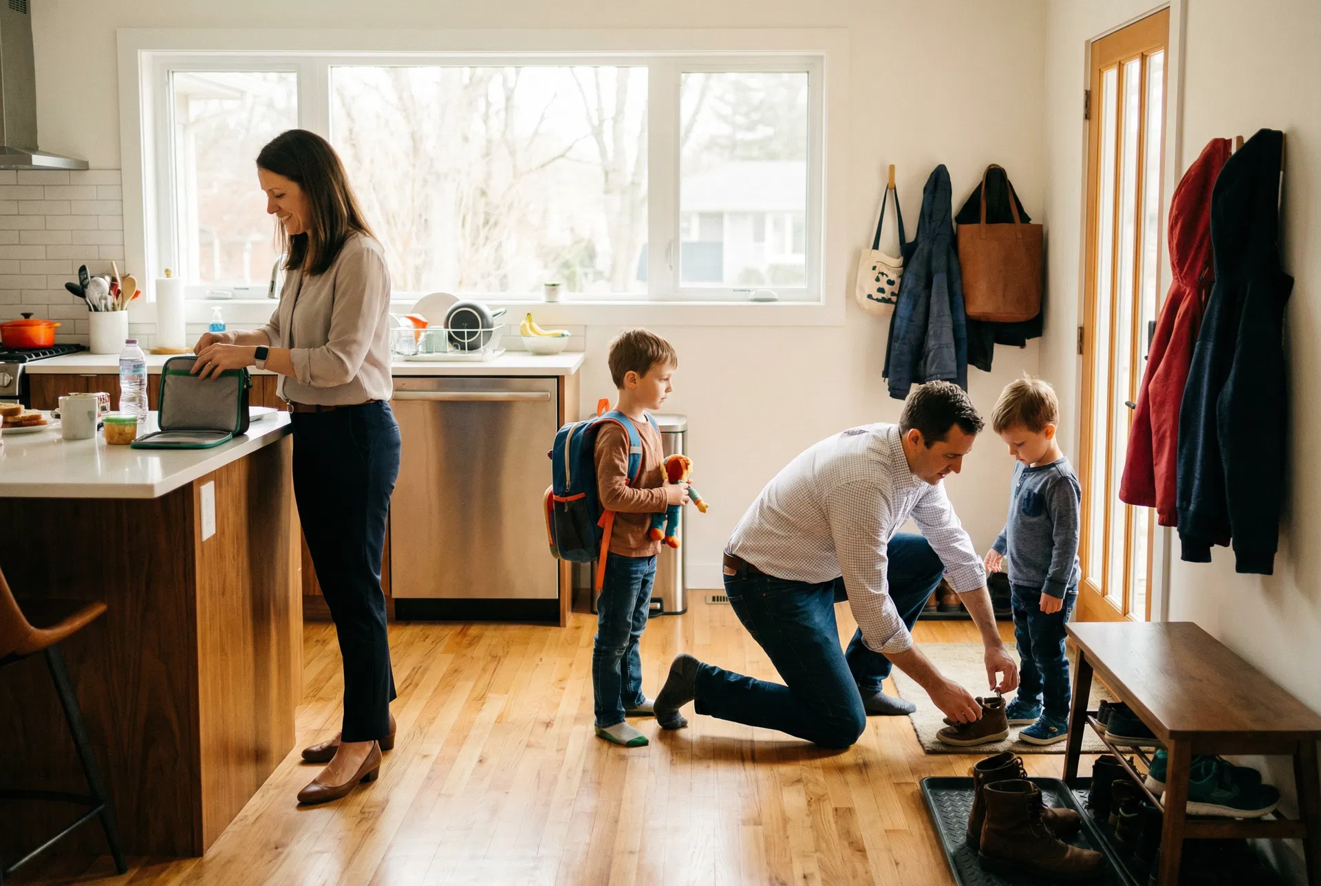 Busy dual-income family during their morning routine