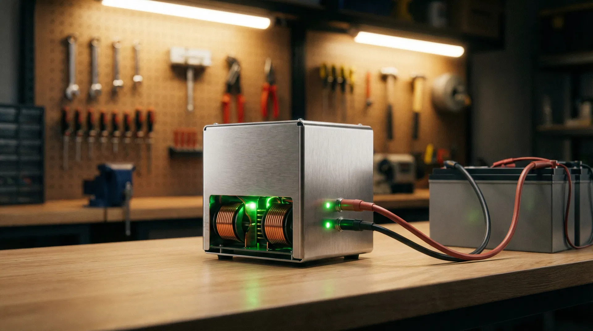Moray Generator System — compact energy device in a home workshop