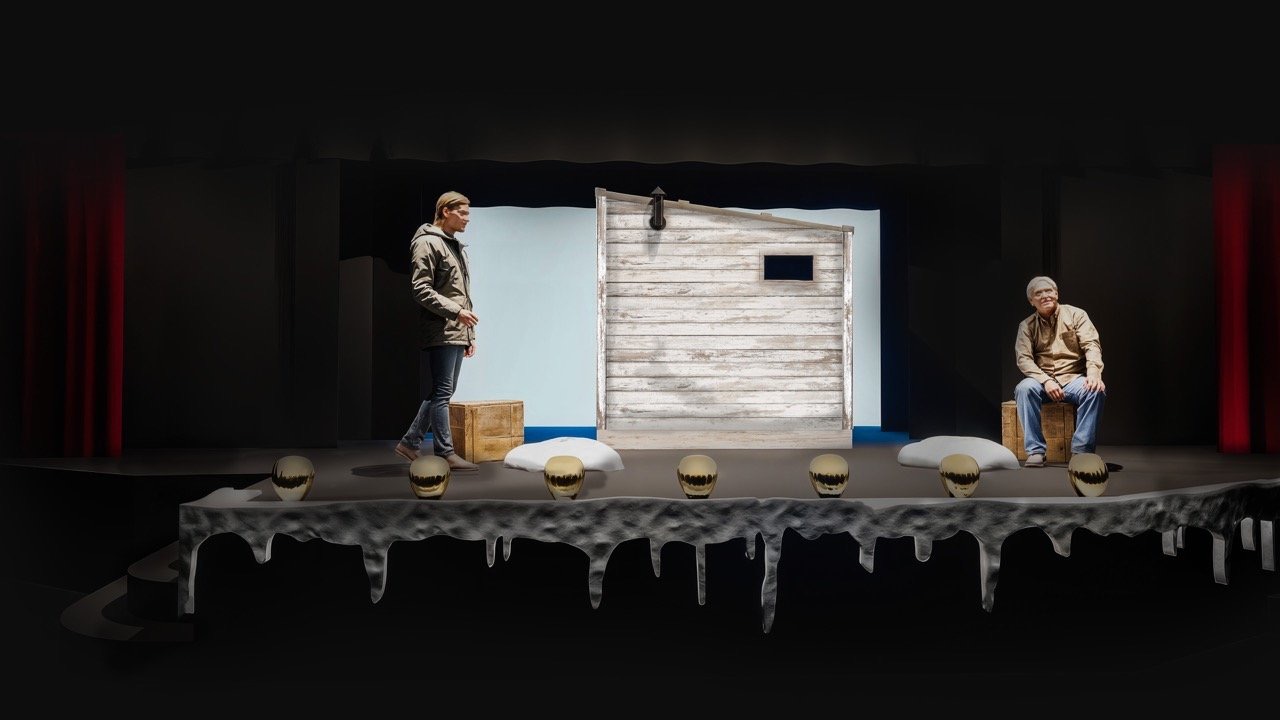 Guys on Ice - Scenic design by Brandon PT Davis. A comedic ice fishing scene on a frozen lake, featuring rustic shanties and a vast, cold atmosphere.