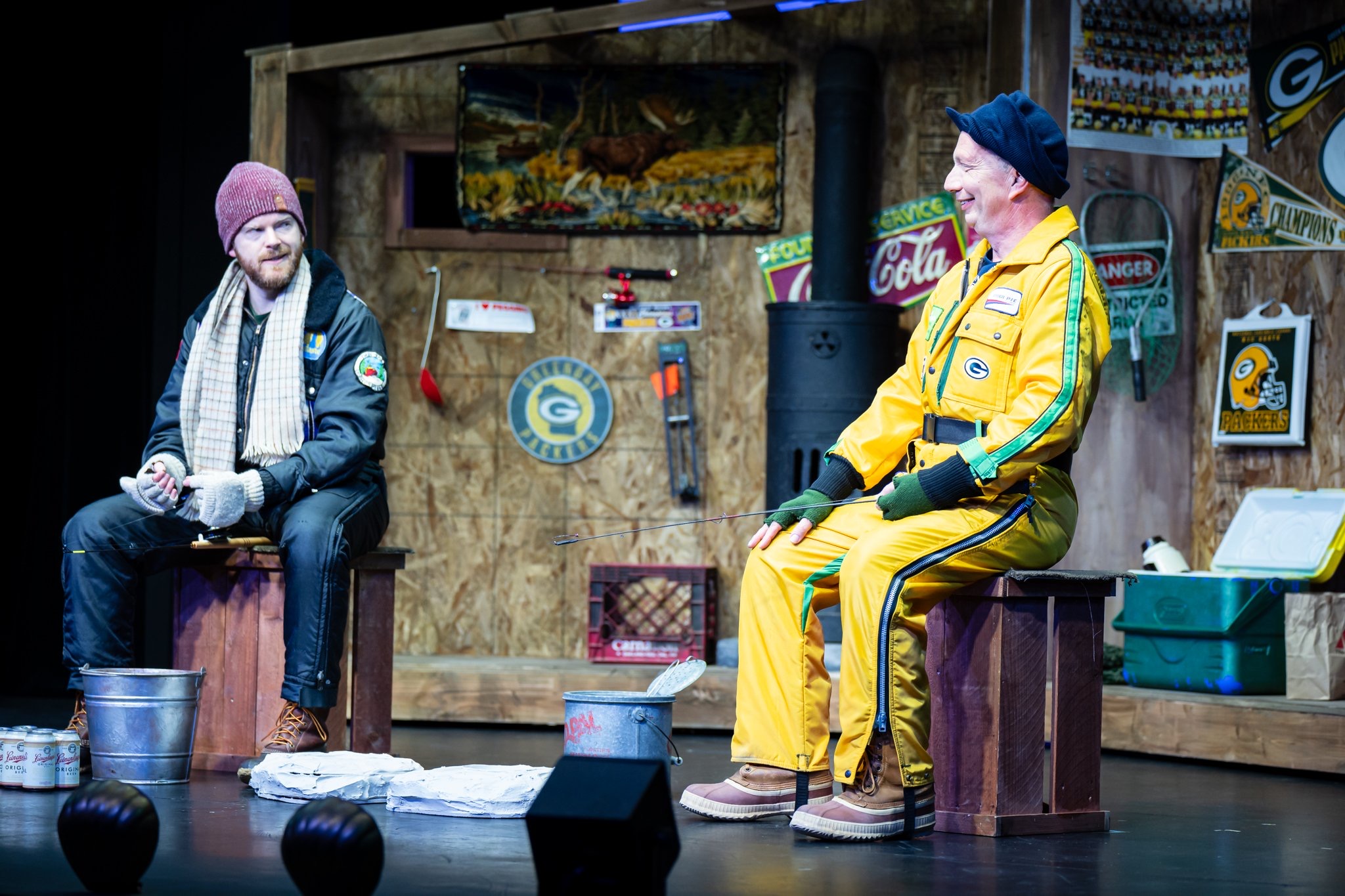 Guys on Ice - Scenic design by Brandon PT Davis. A comedic ice fishing shanty on a frozen lake, with rustic details and a playful atmosphere.