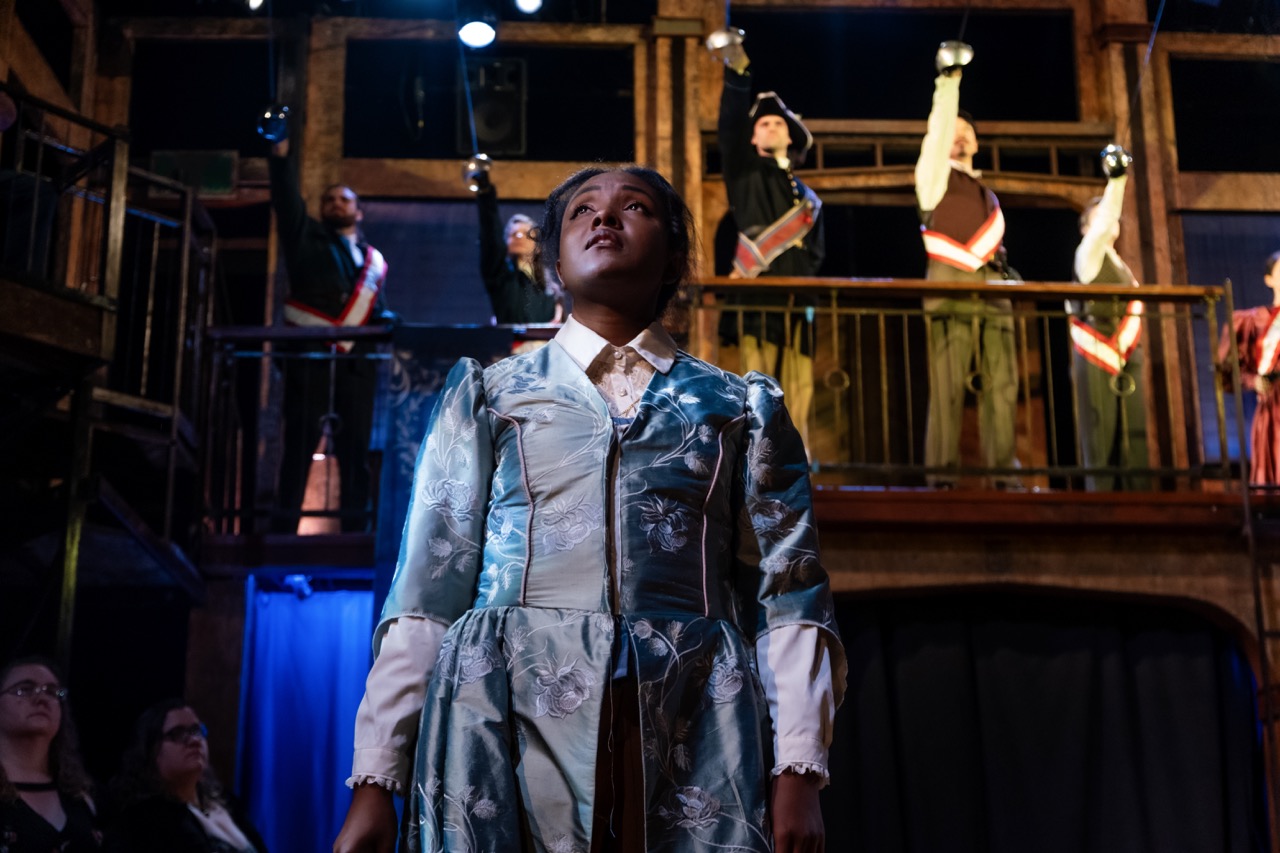 All's Well That Ends Well - Scenic design by Brandon PT Davis. Elegant, dynamic stage with classic elements, rich textures, and dramatic lighting for a Shakespearean tale.