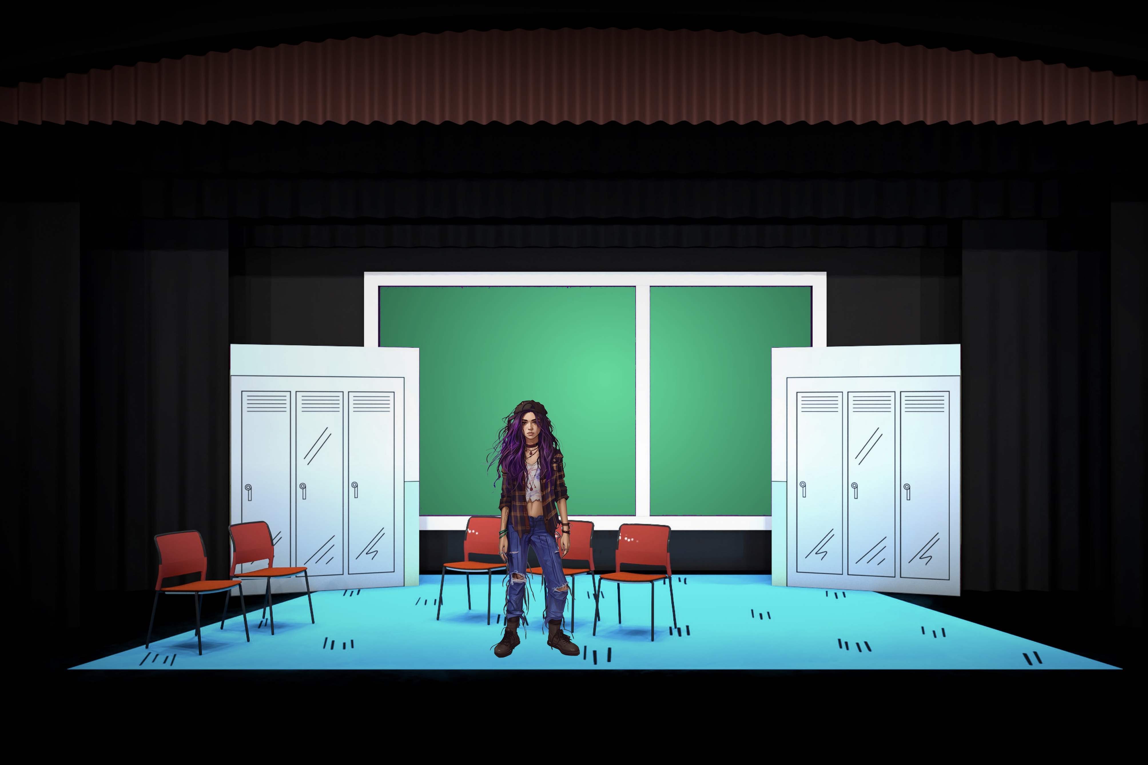 Freaky Friday - Scenic design by Brandon PT Davis. Vibrant, dynamic set with playful elements, bright lighting, and a lively atmosphere.