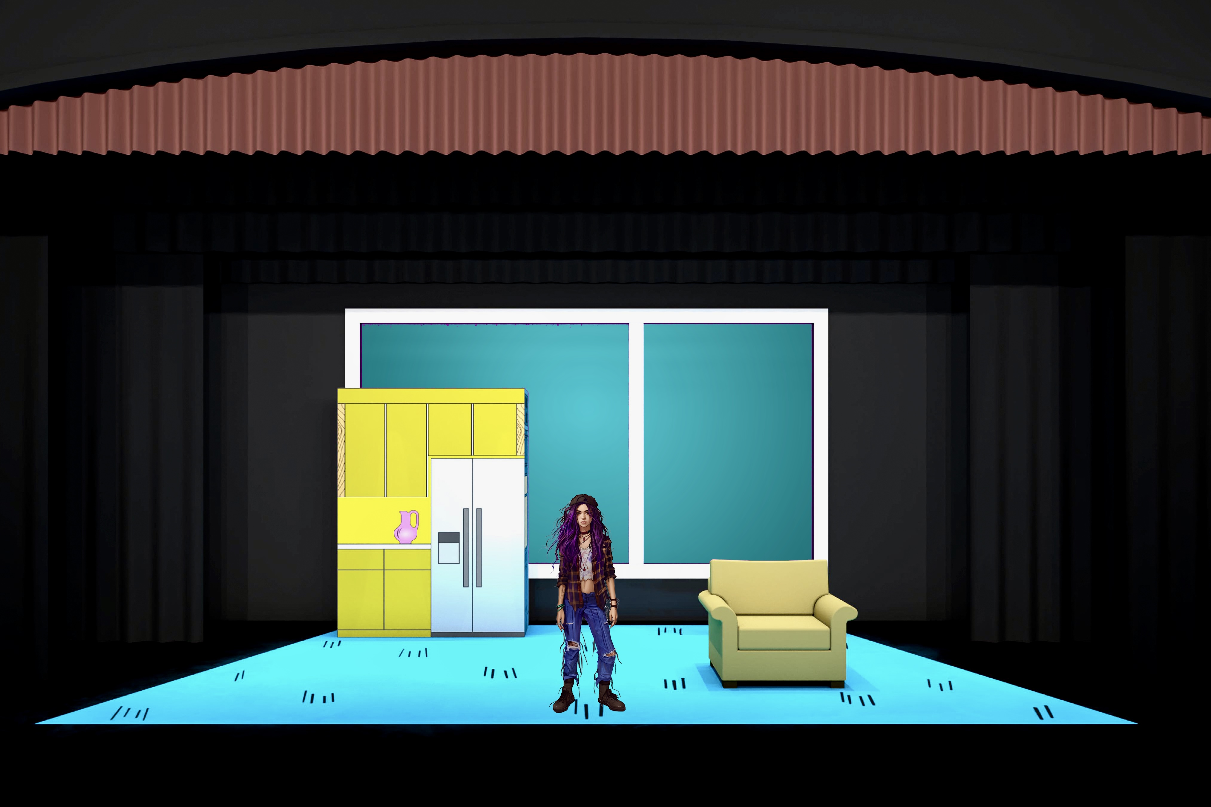 Freaky Friday - Scenic design by Brandon PT Davis. A vibrant, contemporary set with dynamic lighting, reflecting the playful chaos of a body-swap musical.