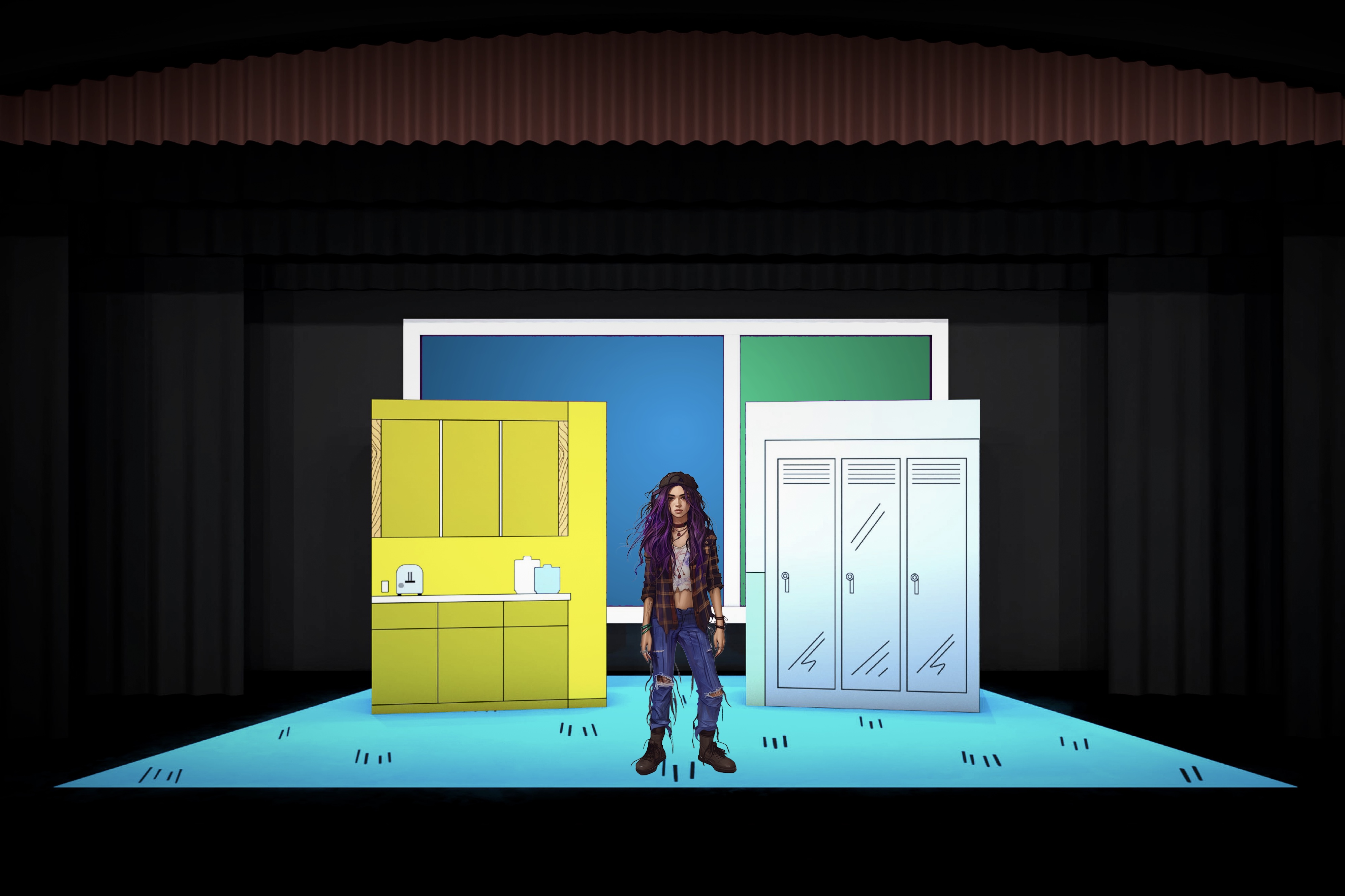 Freaky Friday - Scenic design by Brandon PT Davis. A vibrant, dynamic set for the musical adaptation of the body-swap story, reflecting a playful and energetic atmosphere.