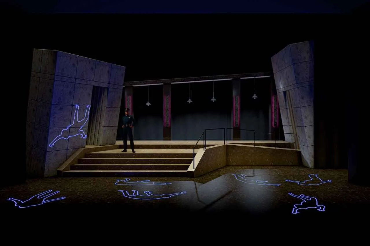 Urinetown - Scenic design by Brandon PT Davis. Dystopian setting with industrial elements, muted colors, and stark lighting, reflecting a water-scarce future.