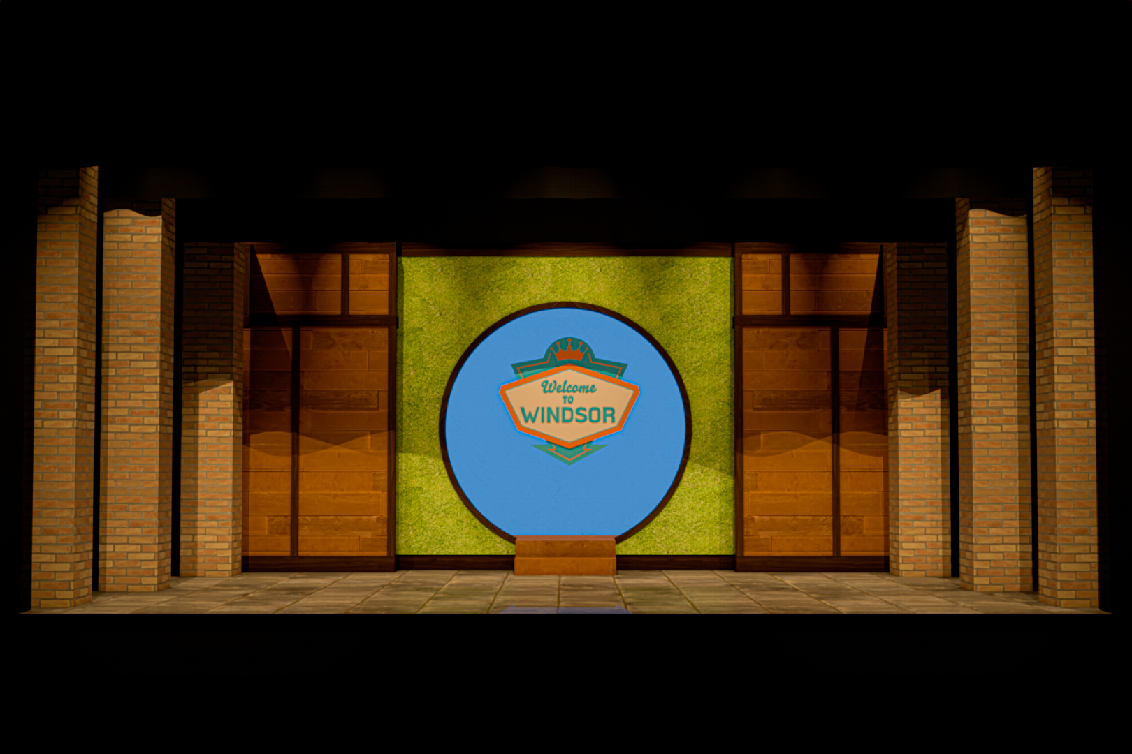 The Merry Wives of Windsor - Scenic design by Brandon PT Davis. Vibrant village square set, Elizabethan architecture, warm lighting, lively atmosphere.