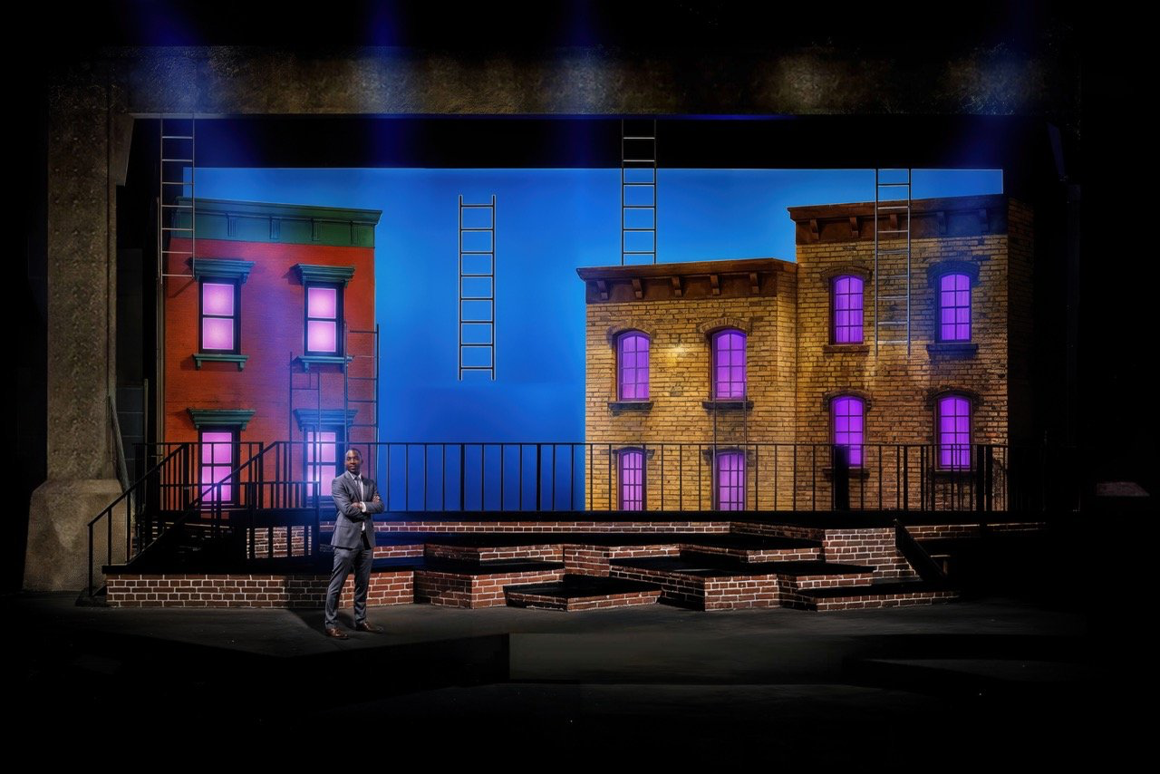 Company - Scenic design by Brandon PT Davis. Modern New York City apartment set, reflecting urban life and relationship dynamics.