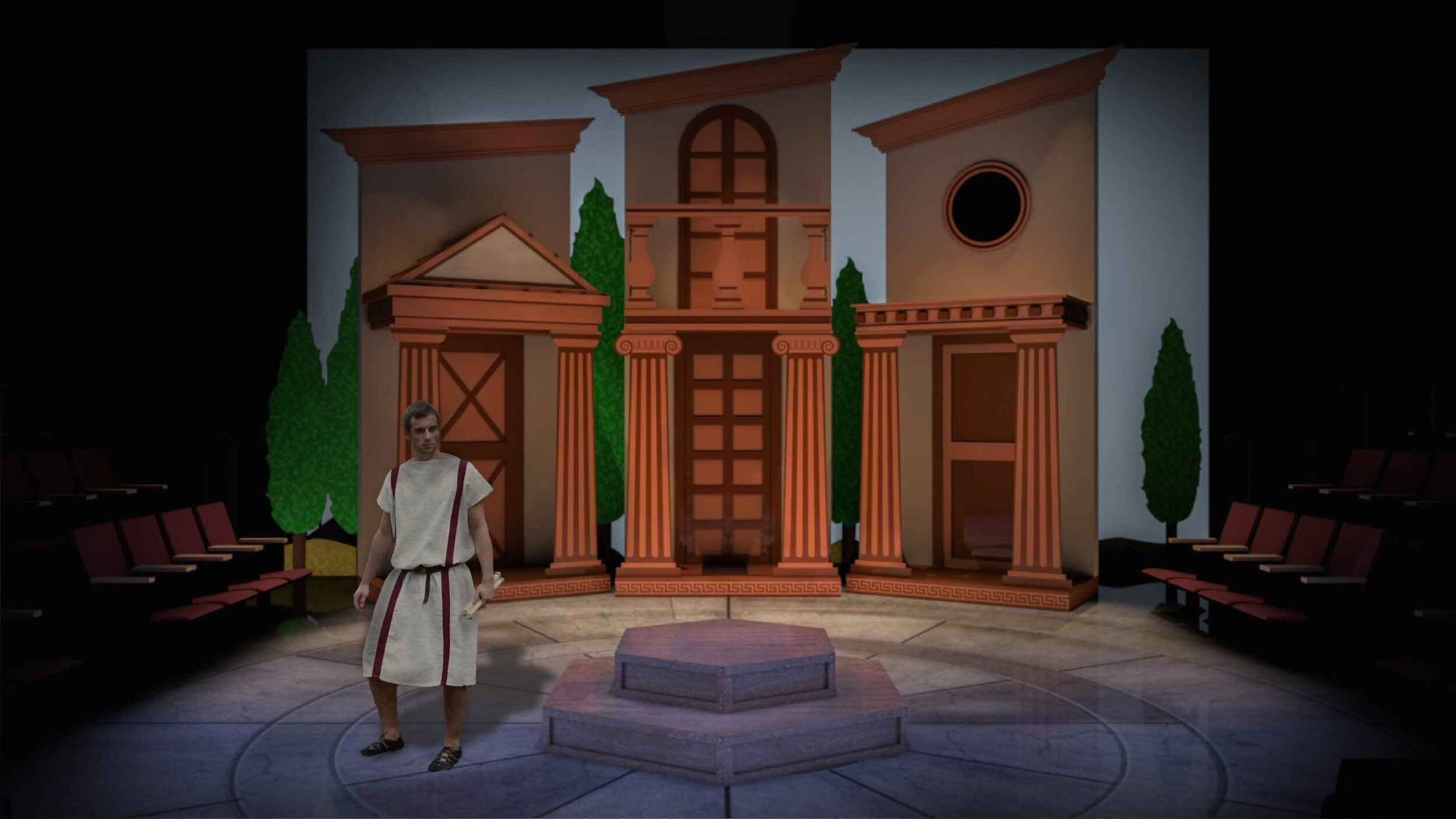 1776 - Scenic design by Brandon PT Davis. Colonial Assembly Room with period furnishings, warm candlelight, and patriotic decor evoking Revolutionary America.