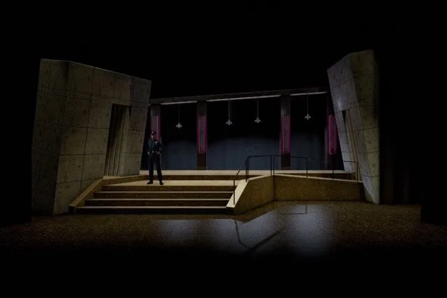 Urinetown - Scenic design by Brandon PT Davis. Gritty, industrial set with towering pipes and distressed metal, reflecting a bleak, water-deprived society.