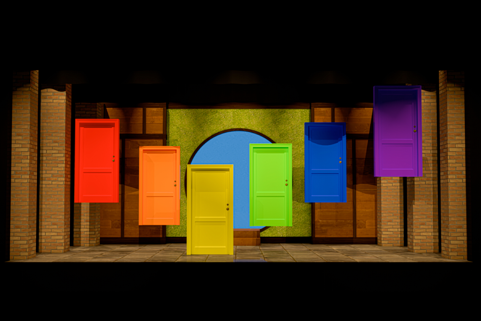 The Merry Wives of Windsor - Scenic design by Brandon PT Davis. Elizabethan town square with vibrant market stalls, rustic timber-framed houses, and warm, inviting lighting.