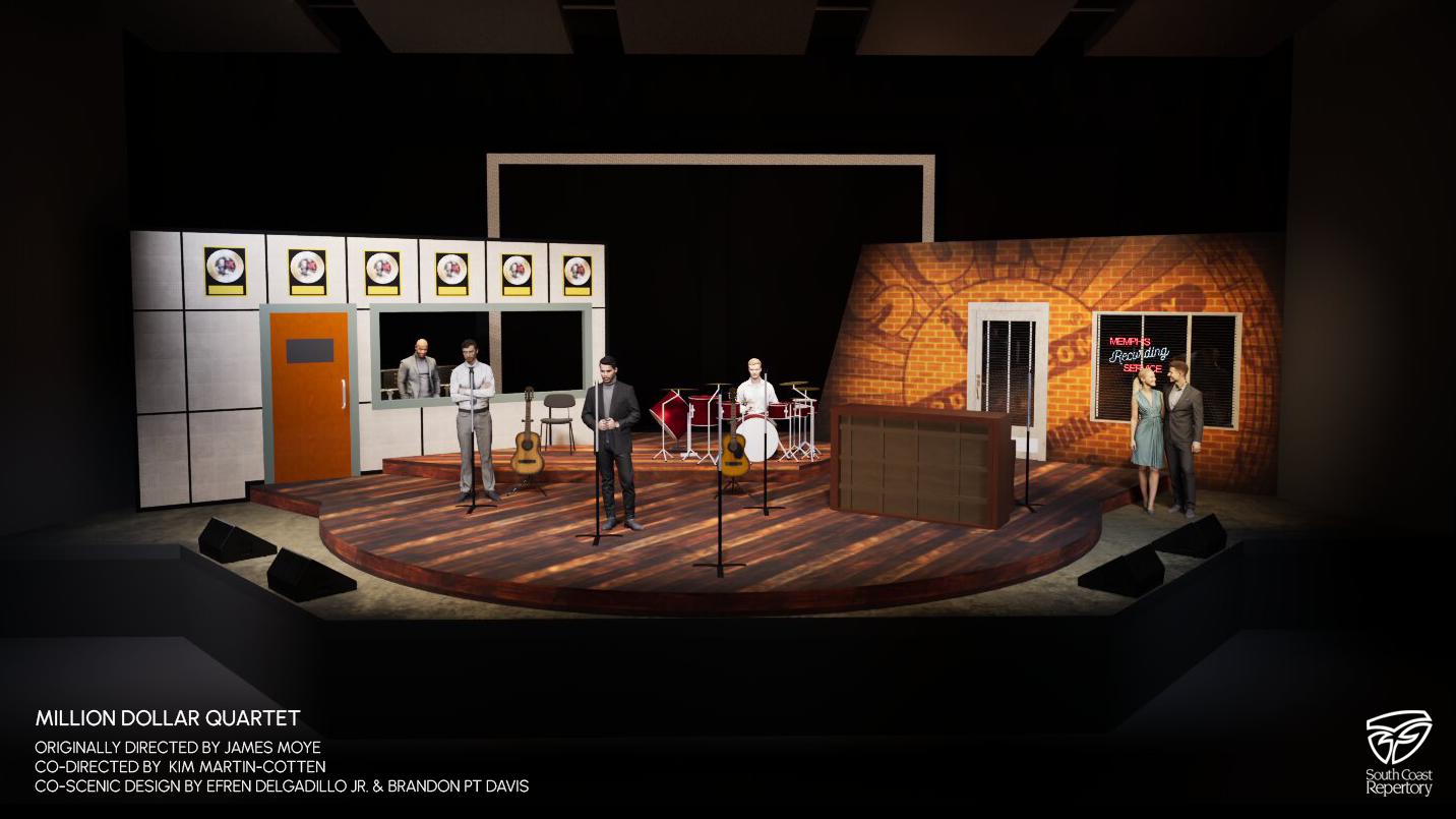 Million Dollar Quartet - Scenic design by Brandon PT Davis. A vibrant 1950s recording studio with vintage microphones and instruments, capturing an energetic atmosphere.